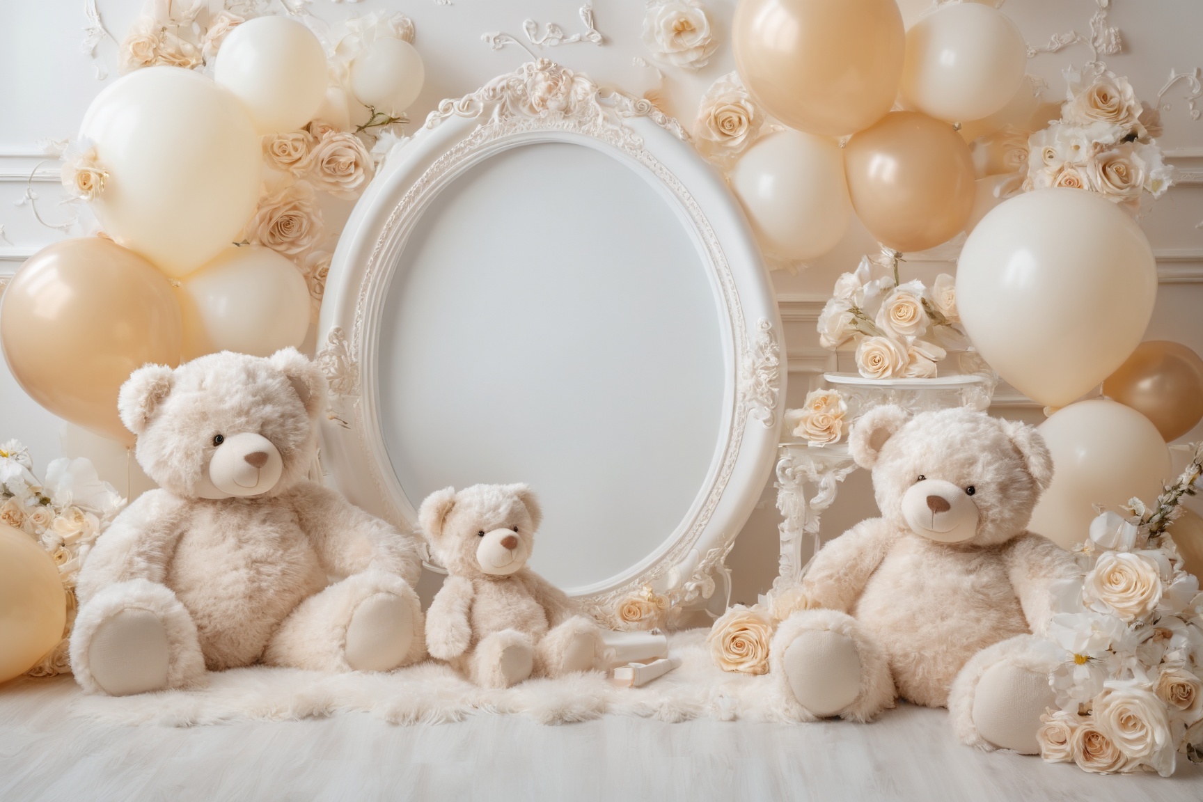 A serene and elegant setting,  dominated by soft pastel colors. Two teddy bears,  one larger and one smaller on Tensor.Art