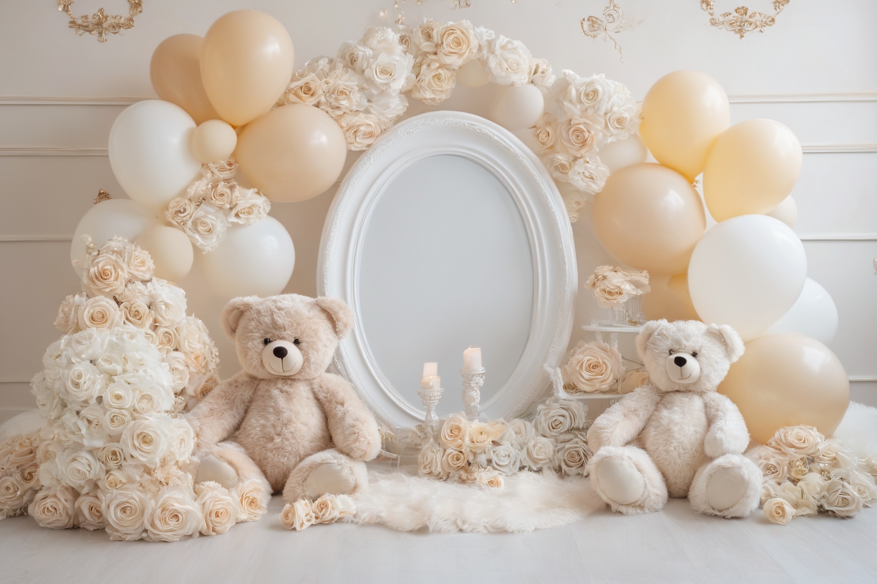 A serene and elegant setting,  dominated by soft pastel colors. Two teddy bears,  one larger and one smaller on Tensor.Art