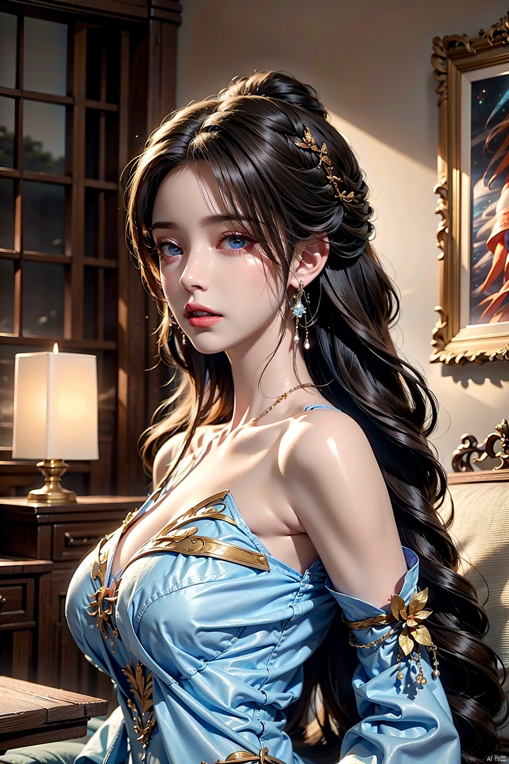  masterpiece,best quality,extremely high detailed,intricate,8k,HDR,wallpaper,cinematic lighting,(universe:1.4),Huge chest, , lxq,1girl, solo, long hair, looking at viewer, blue eyes, black hair, hair ornament, dress, bare shoulders, jewelry, earrings, parted lips, indoors, white dress, bracelet, from side, window, curtains, couch,limuwan
