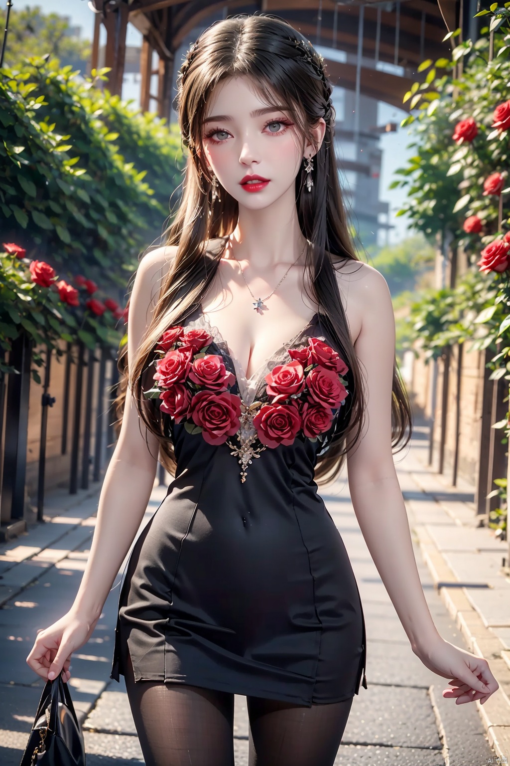  8K image., shinkai color,, ((poakl)),1girl, solo, long hair, breasts, looking at viewer, black hair, dress, holding, bare shoulders, jewelry, medium breasts, standing, flower, pantyhose, cowboy shot, earrings, parted lips, sleeveless, necklace, lips, grey eyes, black pantyhose, sleeveless dress, rose, red dress, red flower, red rose, red lips