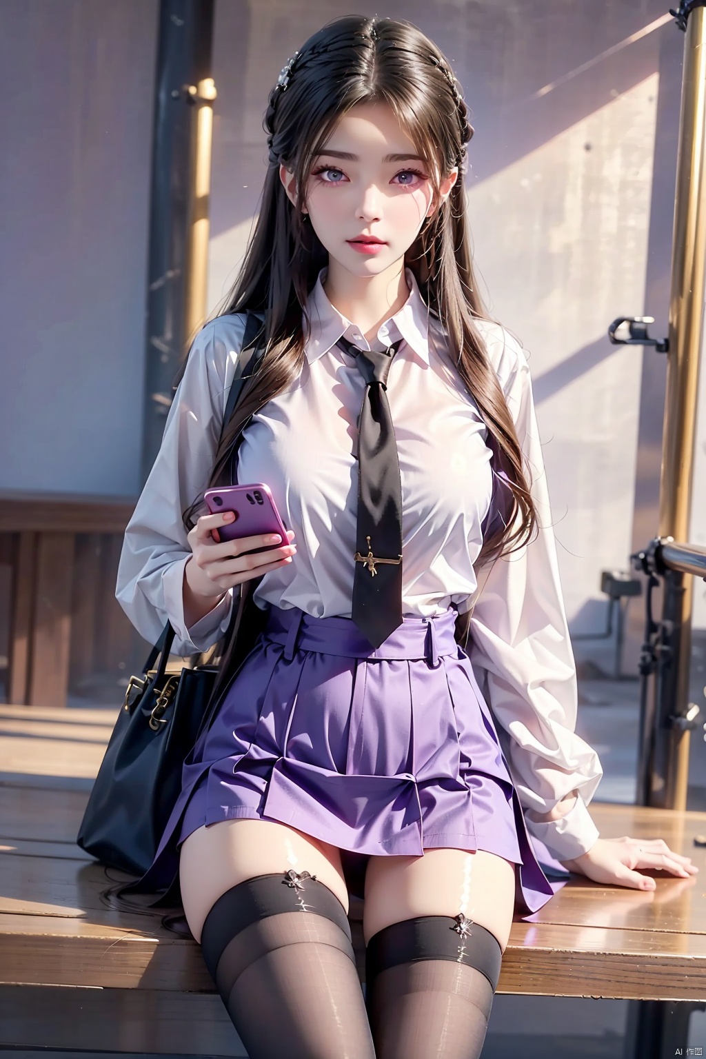  8K image., shinkai color,1girl, solo, long hair, skirt, shirt, thighhighs, holding, school uniform, purple eyes, white shirt,  necktie, black thighhighs, bag, zettai ryouiki, phone, cellphone, smartphone, holding phone,
