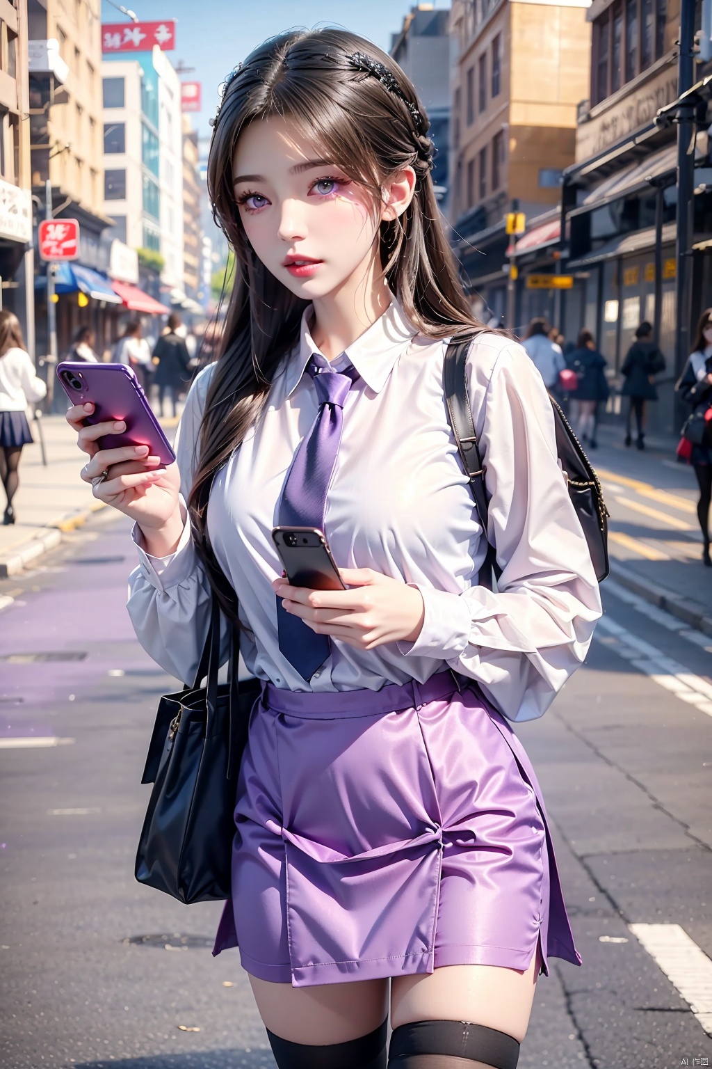  8K image., shinkai color,1girl, solo, long hair, skirt, shirt, thighhighs, holding, school uniform, purple eyes, white shirt,  necktie, black thighhighs, bag, zettai ryouiki, phone, cellphone, smartphone, holding phone,
