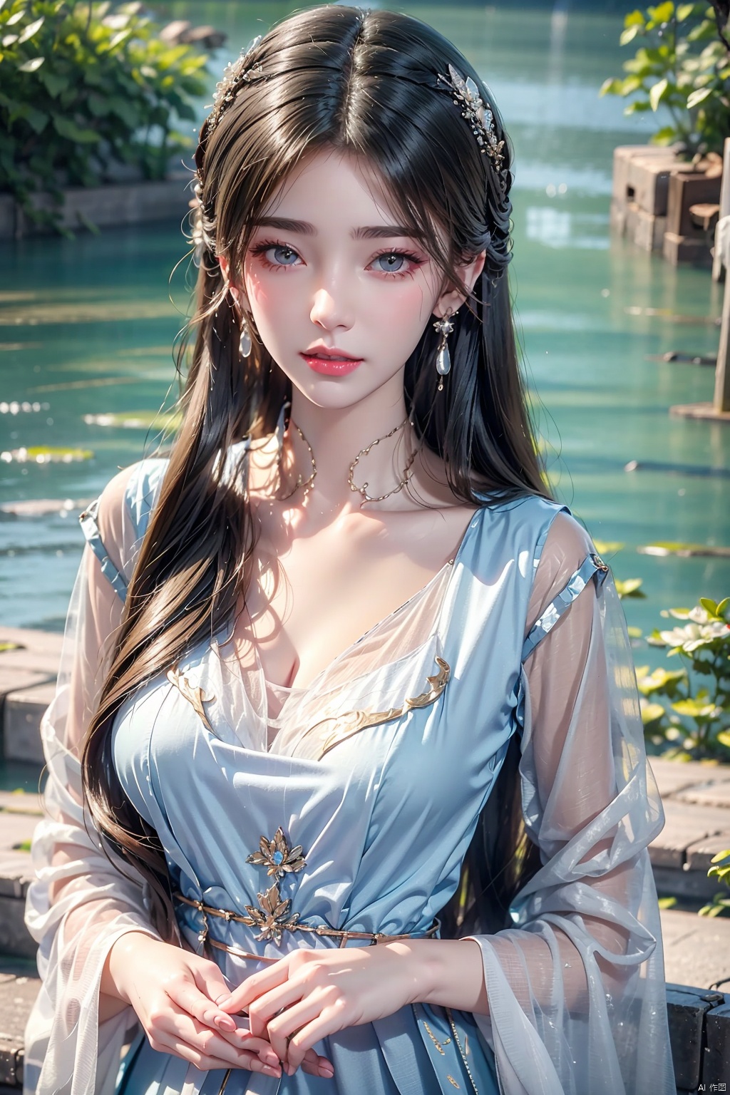  8K image., shinkai color,, ((poakl)),1girl, solo, long hair, looking at viewer, black hair, hair ornament, dress, jewelry, upper body, earrings, water, white dress, facial mark, ripples