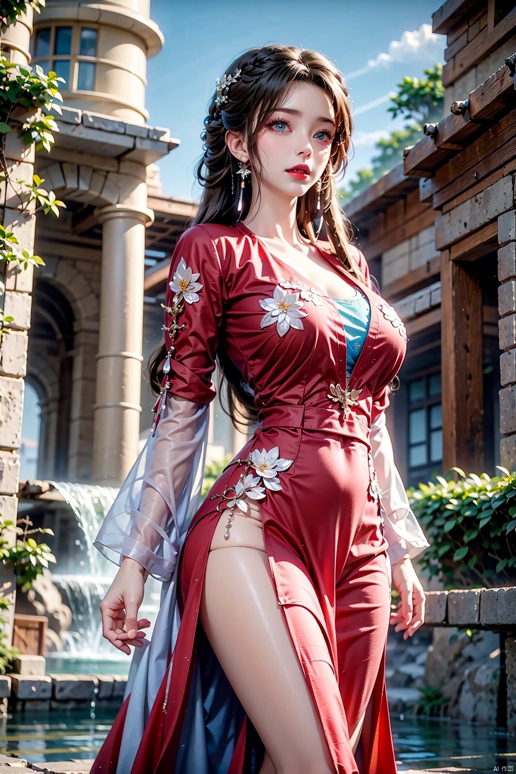  masterpiece,best quality,extremely high detailed,intricate,8k,HDR,wallpaper,cinematic lighting,(universe:1.4),Huge chest, 1girl, solo, long hair,  looking at viewer, blue eyes, brown hair, black hair, long sleeves, dress, jewelry, standing, braid, earrings, outdoors, parted lips, sky, day, cloud, water, red dress, from side, lips, wet, see-through, floral print, building, wet clothes, red lips, architecture,limuwan
