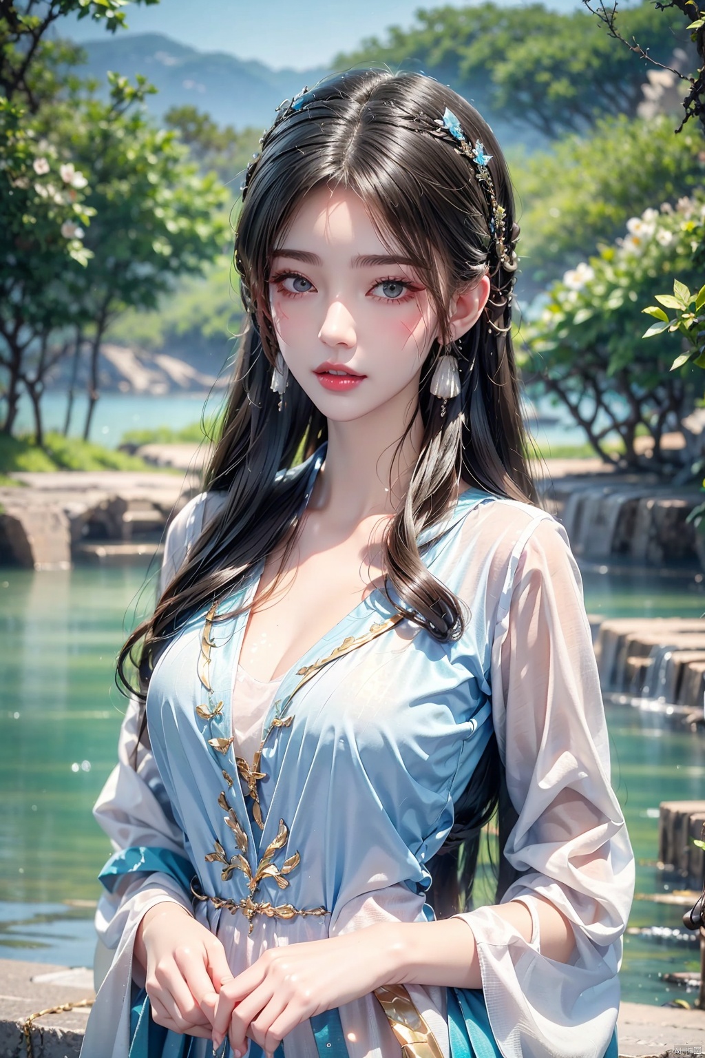  8K image., shinkai color,, ((poakl)),1girl, solo, long hair, looking at viewer, black hair, hair ornament, dress, jewelry, upper body, earrings, water, white dress, facial mark, ripples