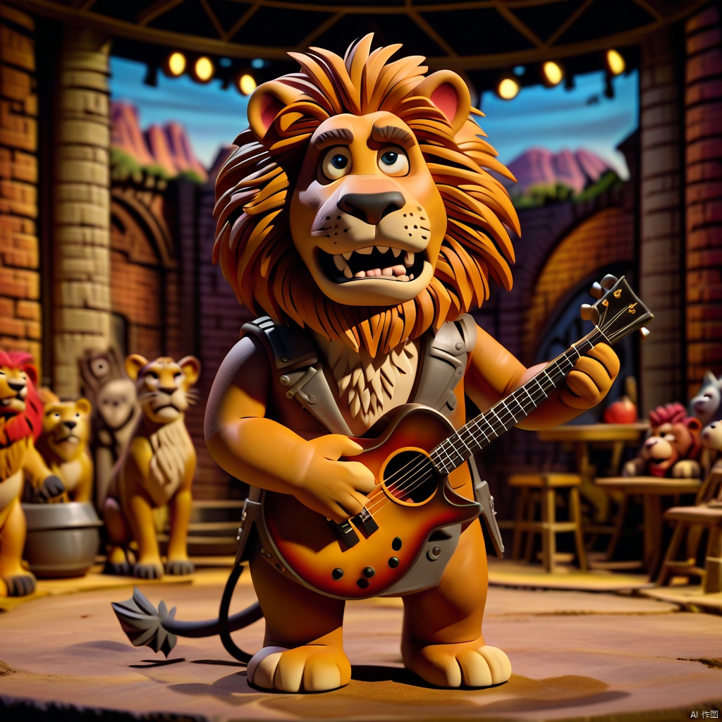 claymation-style,clay,(by taran fiddler), (by darkgem:0.8), (by chunie:1), masterpiece,
detailed fur, portrait, seductive, looking at viewer, singing, mouth open, (anthro claycalloway:1.2), lion, (detailed pixar eyes:1.2), detailed eyes, male,
standing, relaxed, musclegut, white hair, holding guitar,
(detailed stage background), (inside),