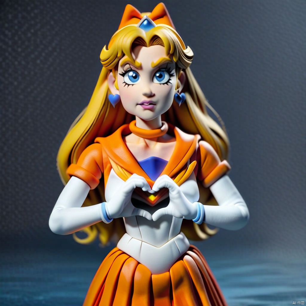 claymation-style,(masterpiece),(best quality),1girl,sailor venus,masterpiece,best quality,very aesthetic,absurdres,aavenus,long hair,blonde hair,hair bow,tiara,blue eyes,earrings,orange choker,collarbone,orange sailor collar,blue bowtie,white shirt,white leotard,elbow gloves,white gloves,pleated skirt,orange skirt,heart hands,