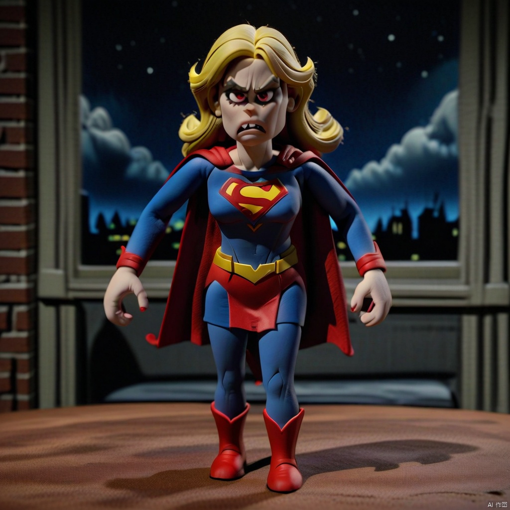claymation-style, clay, woman, supergirl, long flowy blonde hair, angry, glowing red eyes, night, flying, masterpiece, best quality