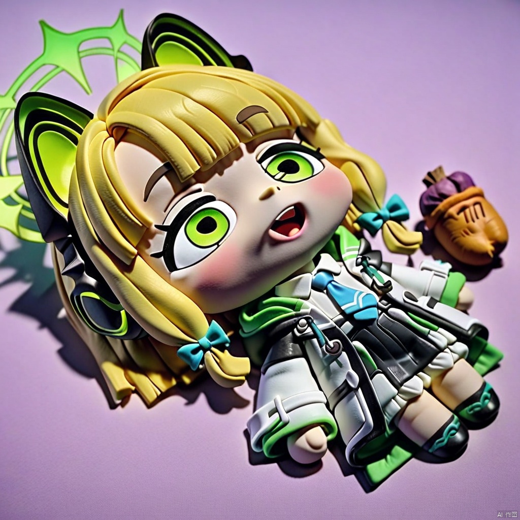  claymation-style,lying-on-back, chibi, full body, 1girl, (masterpiece),(best quality),1girl,midori \(blue archive\),blue archive,aiamu iamu,holding food,holding,hooded jacket,food,sidelocks,:d,collared shirt,blurry,long sleeves,puffy sleeves,headphones,blue bow,hand up,necktie, halo,looking at viewer,jacket,sleeves past wrists,blush,nail polish,blue necktie,animal ear headphones,blurry background,blonde hair,shirt,green eyes,hood down,open clothes,depth of field,hood,smile,white jacket,fake animal ears,bow,puffy long sleeves,open jacket,solo,dress shirt,animal ears,white shirt,blue nails,hair bow,long hair,drawstring,sweet potato,
