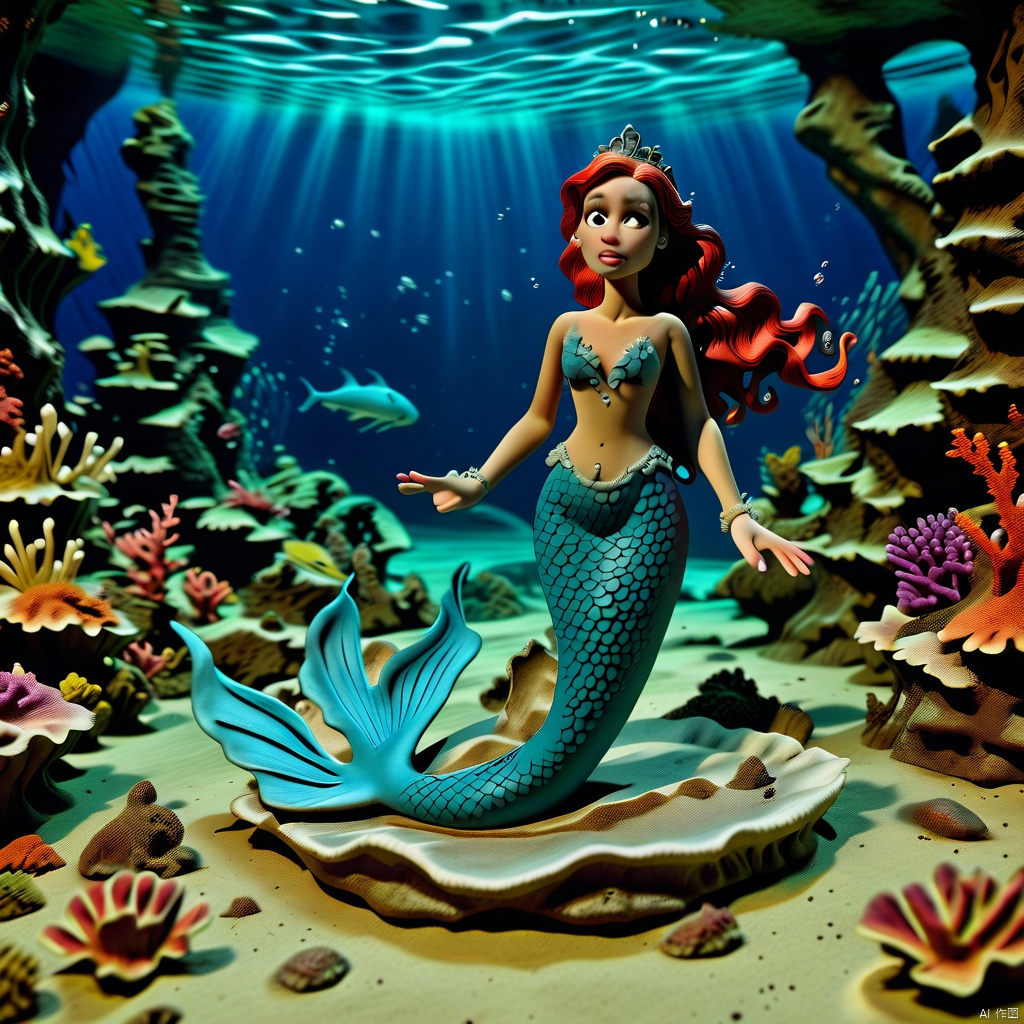 claymation-style,clay,woman,mermaid,underwater,