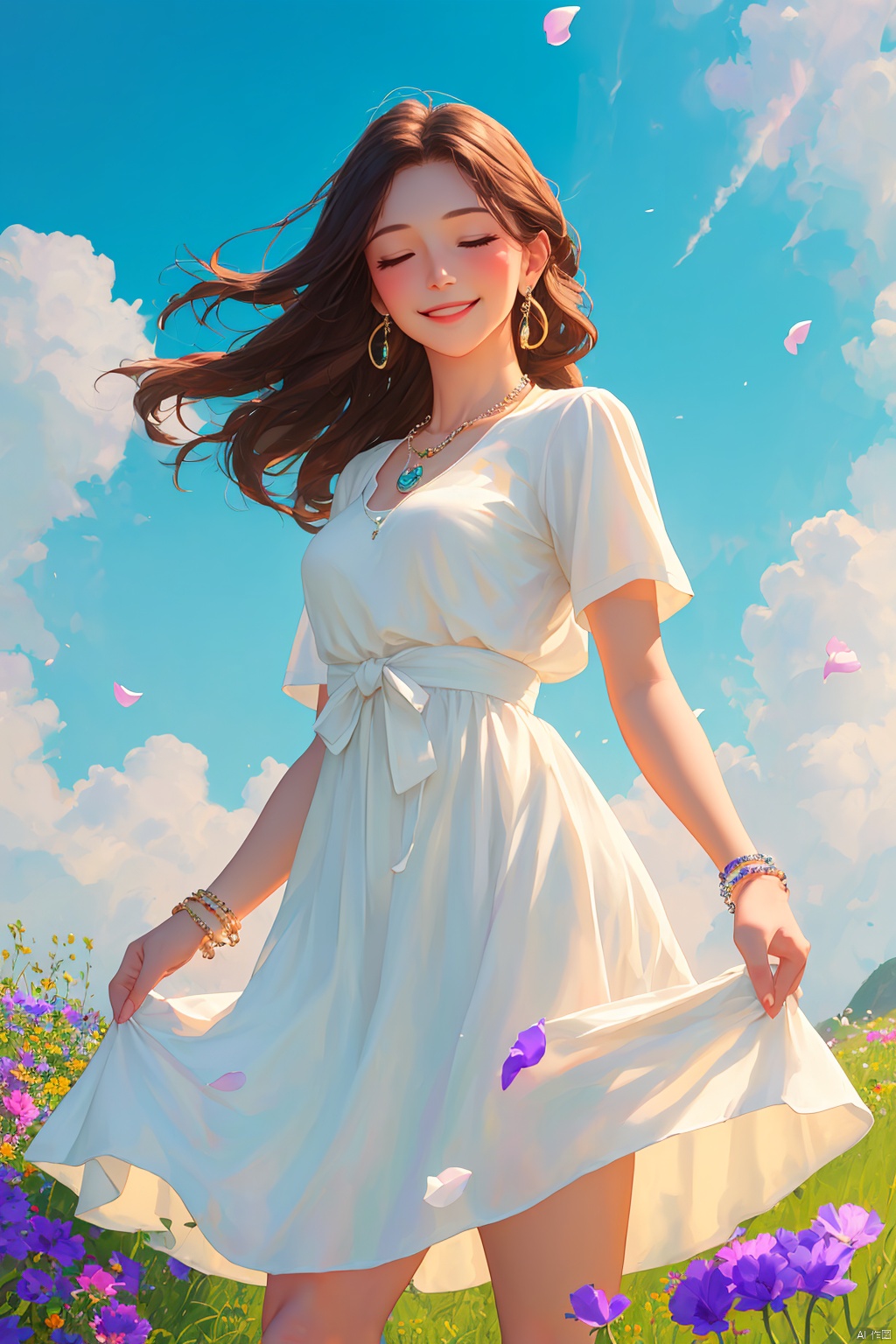 1girl, solo, long hair, smile, brown hair, dress, jewelry, closed mouth, standing, closed eyes, flower, short sleeves, earrings, outdoors, sky, day, cloud, necklace, white dress, bracelet, blue sky, petals, wind, skirt hold, purple flower