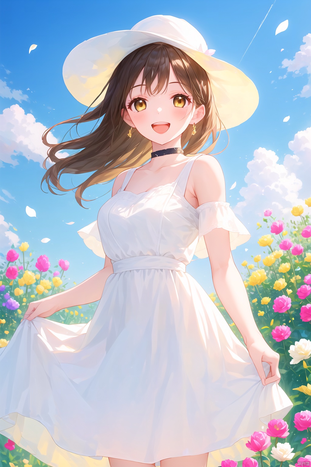 1girl, solo, long hair, breasts, looking at viewer, blush, smile, open mouth, brown hair, hat, dress, bare shoulders, brown eyes, jewelry, standing, flower, :d, earrings, outdoors, sky, teeth, sleeveless, choker, day, cloud, white dress, arm up, blue sky, bare arms, petals, floating hair, sleeveless dress, white headwear, upper teeth only, cloudy sky, wind, pink flower, blue flower, sun hat, yellow flower, skirt hold, purple flower, hand on headwear, sundress, tulip
