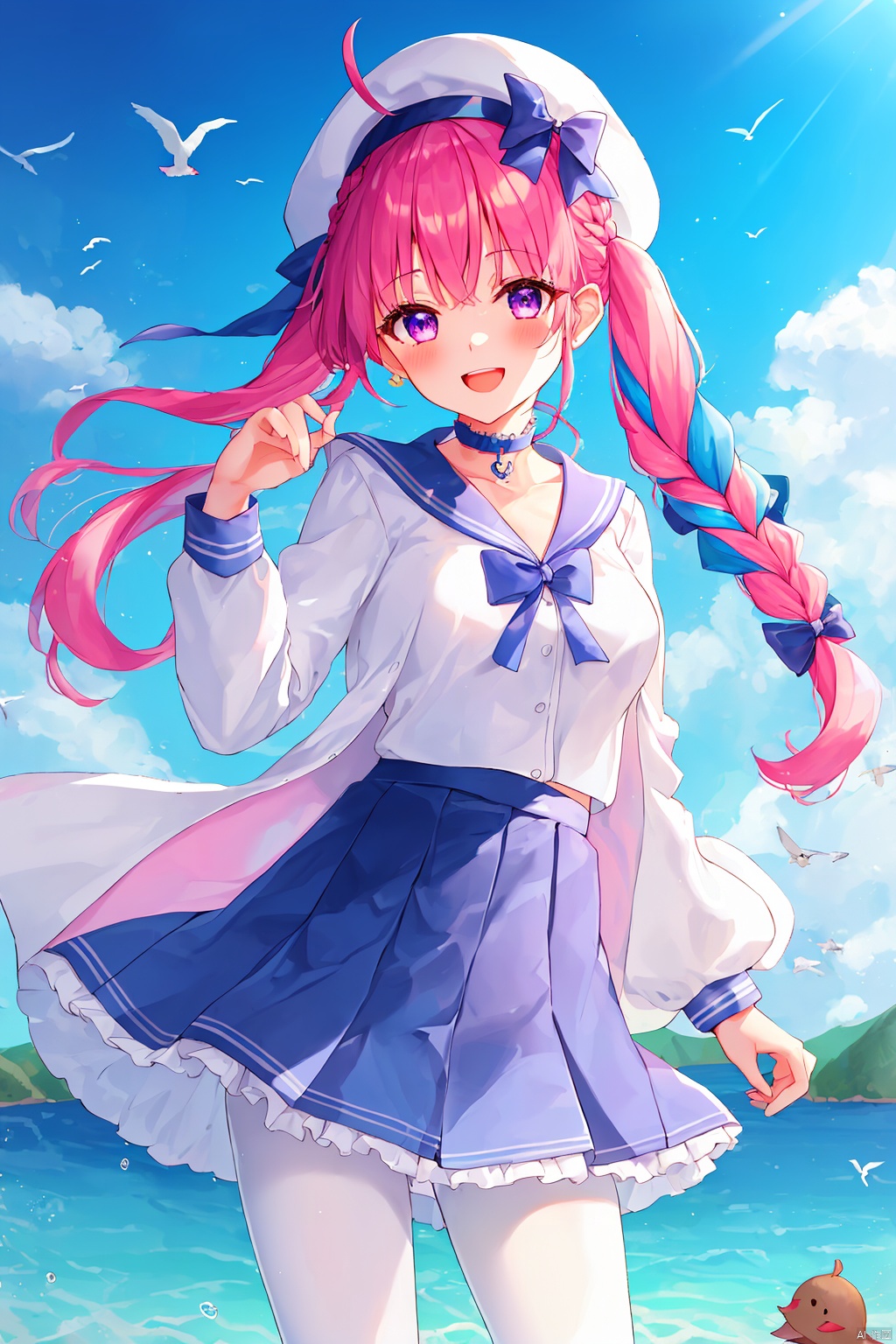1girl, solo, long hair, breasts, looking at viewer, blush, smile, open mouth, bangs, skirt, shirt, hair ornament, long sleeves, hat, bow, ribbon, twintails, medium breasts, blue hair, standing, purple eyes, jacket, white shirt, pink hair, braid, flower, ahoge, pantyhose, multicolored hair, pleated skirt, hairband, outdoors, frills, open clothes, sky, choker, day, cloud, virtual youtuber, hand up, sailor collar, twin braids, two-tone hair, blue sky, blue skirt, bird, blue bow, white jacket, suspenders, blue sailor collar, white pantyhose, high-waist skirt, railing, watercraft, blue hairband, anchor hair ornament, seagull, frilled sailor collar, minato aqua