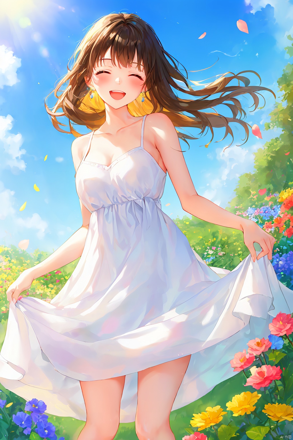 1girl, solo, long hair, breasts, blush, smile, open mouth, bangs, brown hair, dress, bare shoulders, jewelry, standing, collarbone, closed eyes, flower, :d, earrings, outdoors, sky, teeth, sleeveless, day, white dress, bare arms, floating hair, sleeveless dress, feet out of frame, ^ ^, sunlight, plant, wind, facing viewer, pink flower, blue flower, stairs, yellow flower, skirt hold, purple flower, sundress, masterpiece