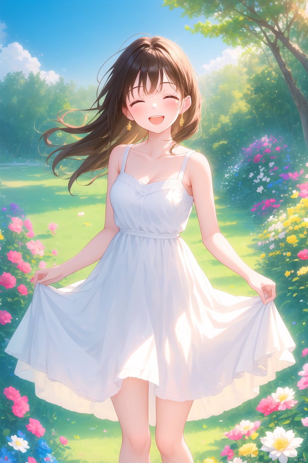 1girl, solo, long hair, breasts, blush, smile, open mouth, bangs, brown hair, dress, bare shoulders, jewelry, standing, collarbone, closed eyes, flower, :d, earrings, outdoors, sky, teeth, sleeveless, day, white dress, bare arms, floating hair, sleeveless dress, feet out of frame, ^ ^, sunlight, plant, wind, facing viewer, pink flower, blue flower, stairs, yellow flower, skirt hold, purple flower, sundress, masterpiece