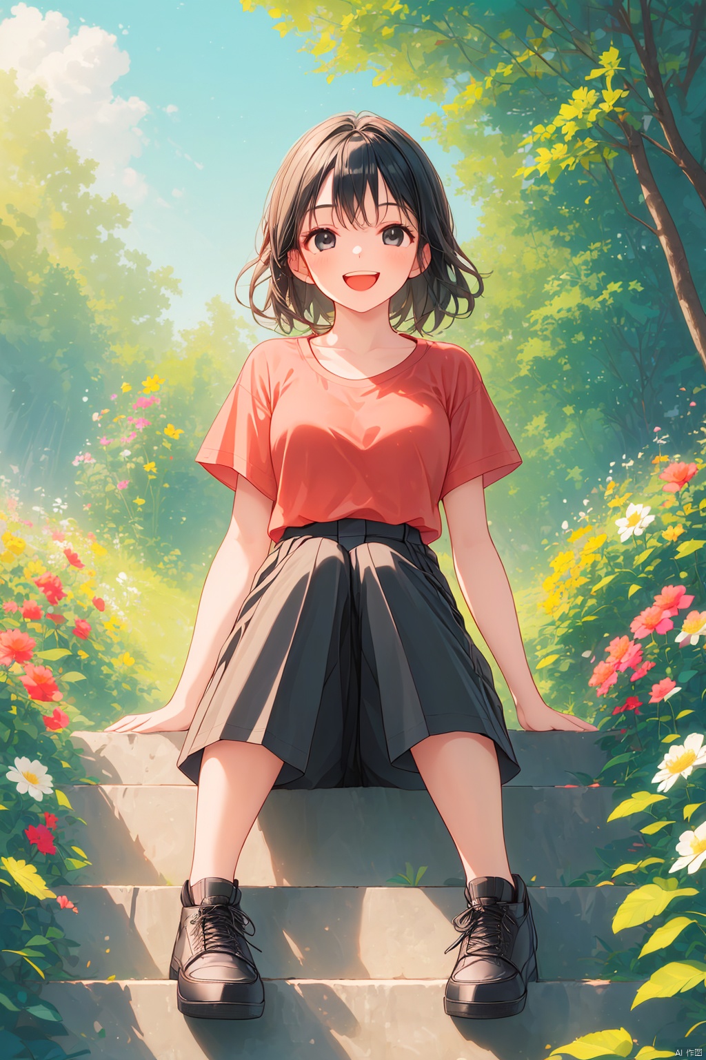 1girl, solo, smile, open mouth, shirt, black hair, sitting, flower, short sleeves, horns, shoes, pants, medium hair, black eyes, leaf, black pants, plant, red shirt, knees up, stairs, dragon, wide shot, orange shirt