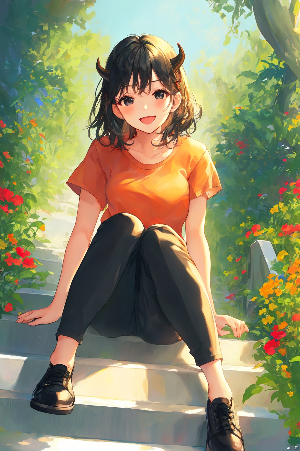 1girl, solo, smile, open mouth, shirt, black hair, sitting, flower, short sleeves, horns, shoes, pants, medium hair, black eyes, leaf, black pants, plant, red shirt, knees up, stairs, dragon, wide shot, orange shirt, masterpiece