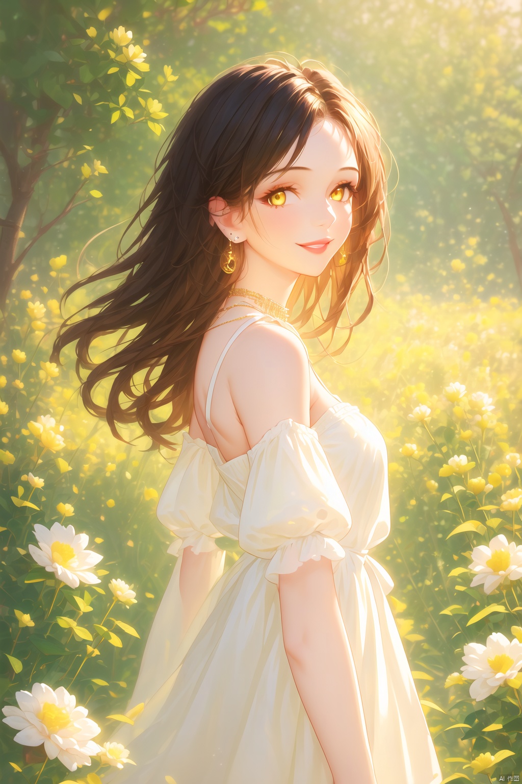 1girl, solo, long hair, looking at viewer, smile, brown hair, long sleeves, dress, bare shoulders, jewelry, yellow eyes, upper body, flower, earrings, outdoors, parted lips, day, puffy sleeves, necklace, white dress, from side, lips, looking to the side, wavy hair, yellow flower