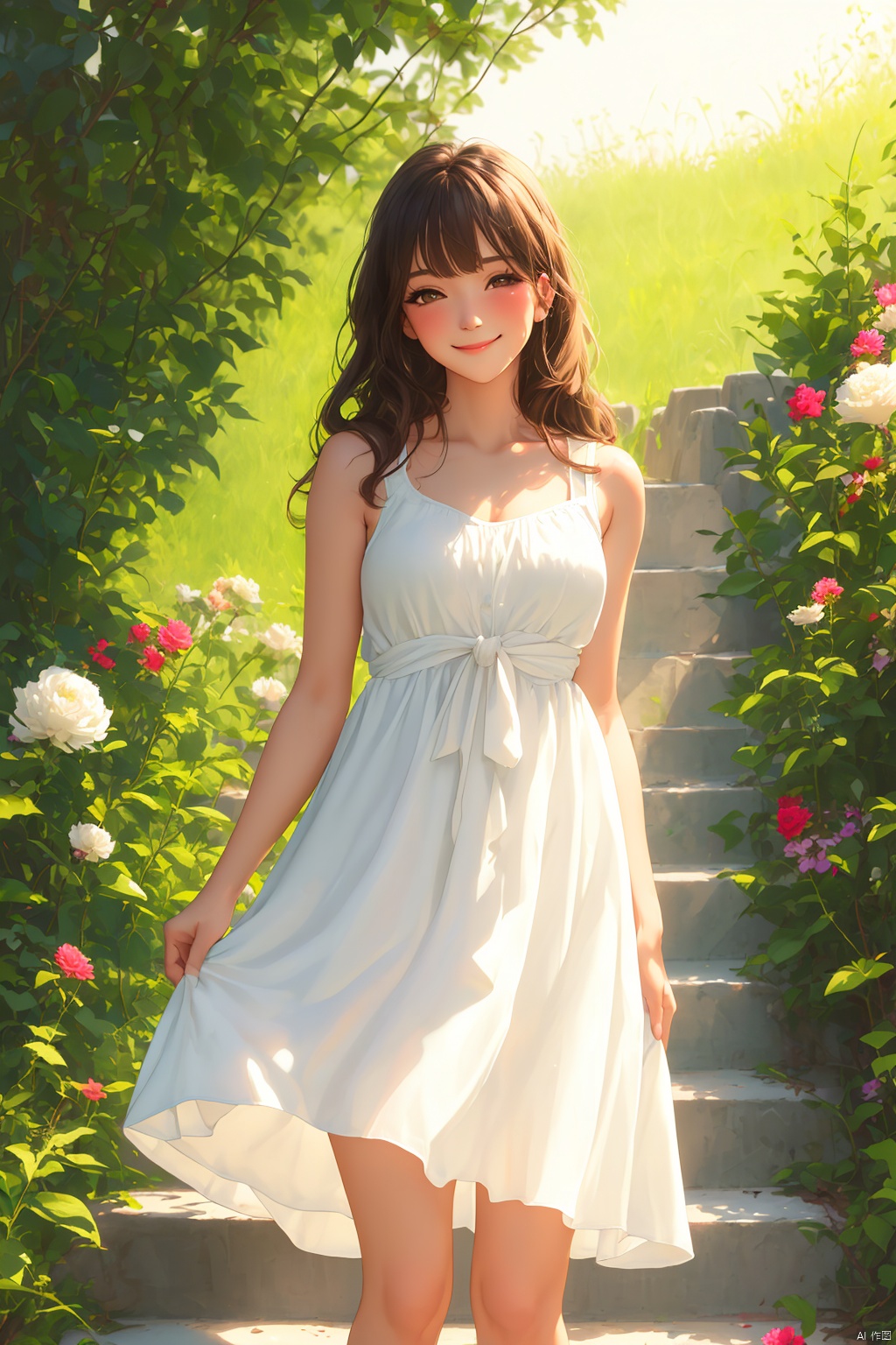 1girl, solo, long hair, looking at viewer, blush, smile, bangs, brown hair, dress, brown eyes, closed mouth, standing, flower, outdoors, sleeveless, day, white dress, arm up, bare arms, sleeveless dress, plant, hand in own hair, stairs, skirt hold, sundress