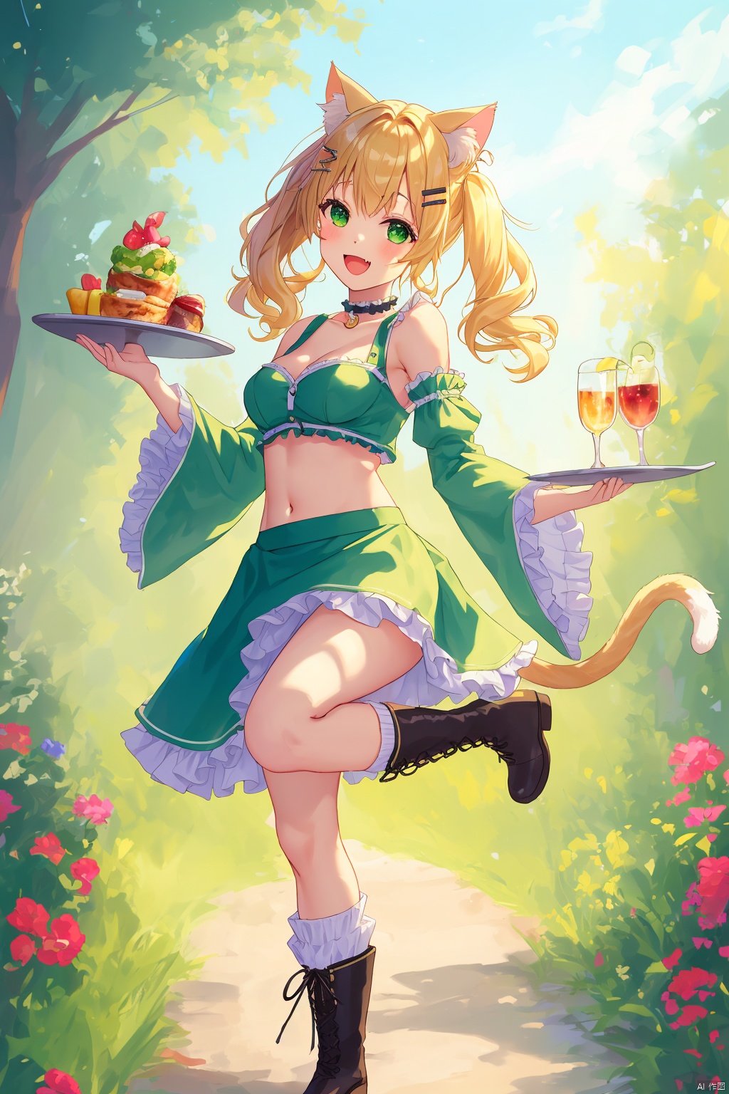 1girl, solo, long hair, breasts, looking at viewer, smile, open mouth, bangs, skirt, blonde hair, shirt, hair ornament, long sleeves, navel, holding, animal ears, cleavage, bare shoulders, medium breasts, green eyes, standing, tail, :d, boots, frills, detached sleeves, food, choker, socks, hairclip, fang, midriff, cat ears, miniskirt, wide sleeves, stomach, black footwear, apron, crop top, cat tail, black choker, leg up, standing on one leg, frilled skirt, cat girl, frilled sleeves, green skirt, white apron, tray, paw pose, holding tray, two tails