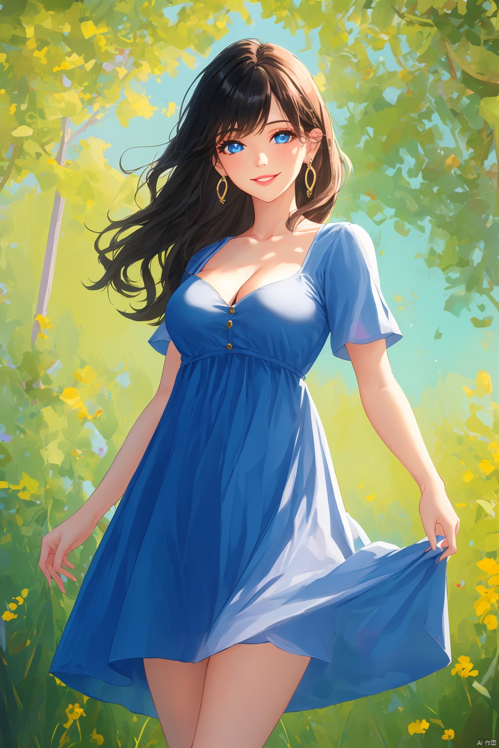 1girl, solo, long hair, breasts, looking at viewer, smile, bangs, blue eyes, black hair, dress, cleavage, jewelry, medium breasts, standing, collarbone, short sleeves, cowboy shot, earrings, outdoors, lips, blue dress, short dress
