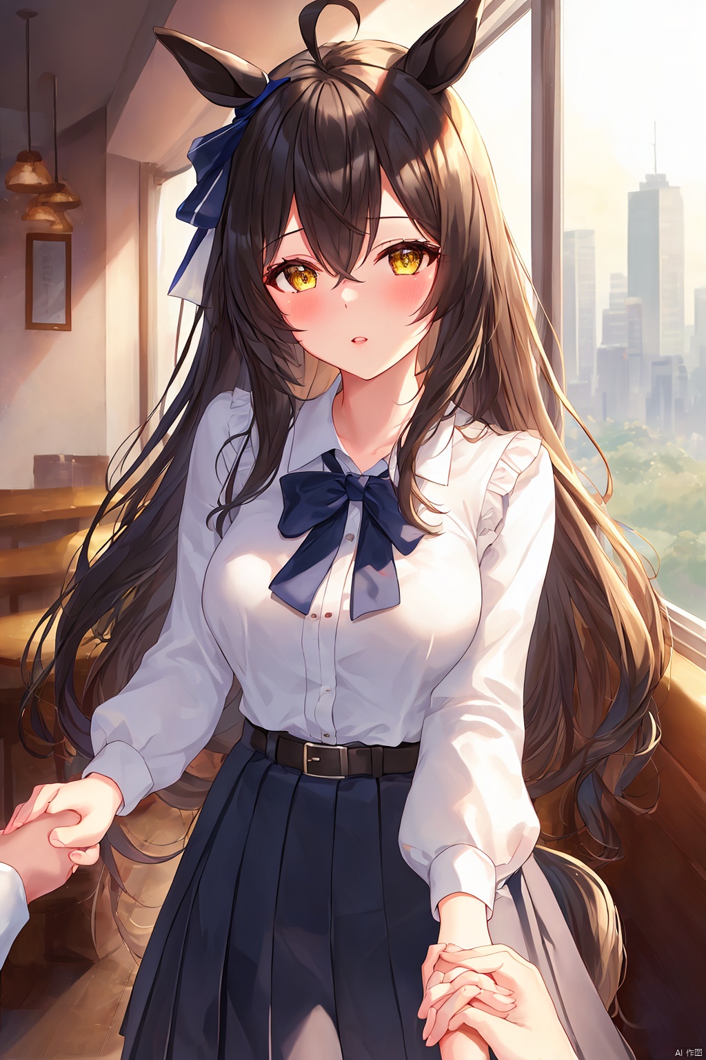 1girl, long hair, looking at viewer, blush, bangs, skirt, shirt, black hair, long sleeves, ribbon, animal ears, hair between eyes, jewelry, very long hair, yellow eyes, ahoge, pleated skirt, frills, parted lips, solo focus, belt, black skirt, black ribbon, neck ribbon, holding hands, pov, horse ears, horse girl, buckle, belt buckle, pov hands, manhattan cafe \(umamusume\)