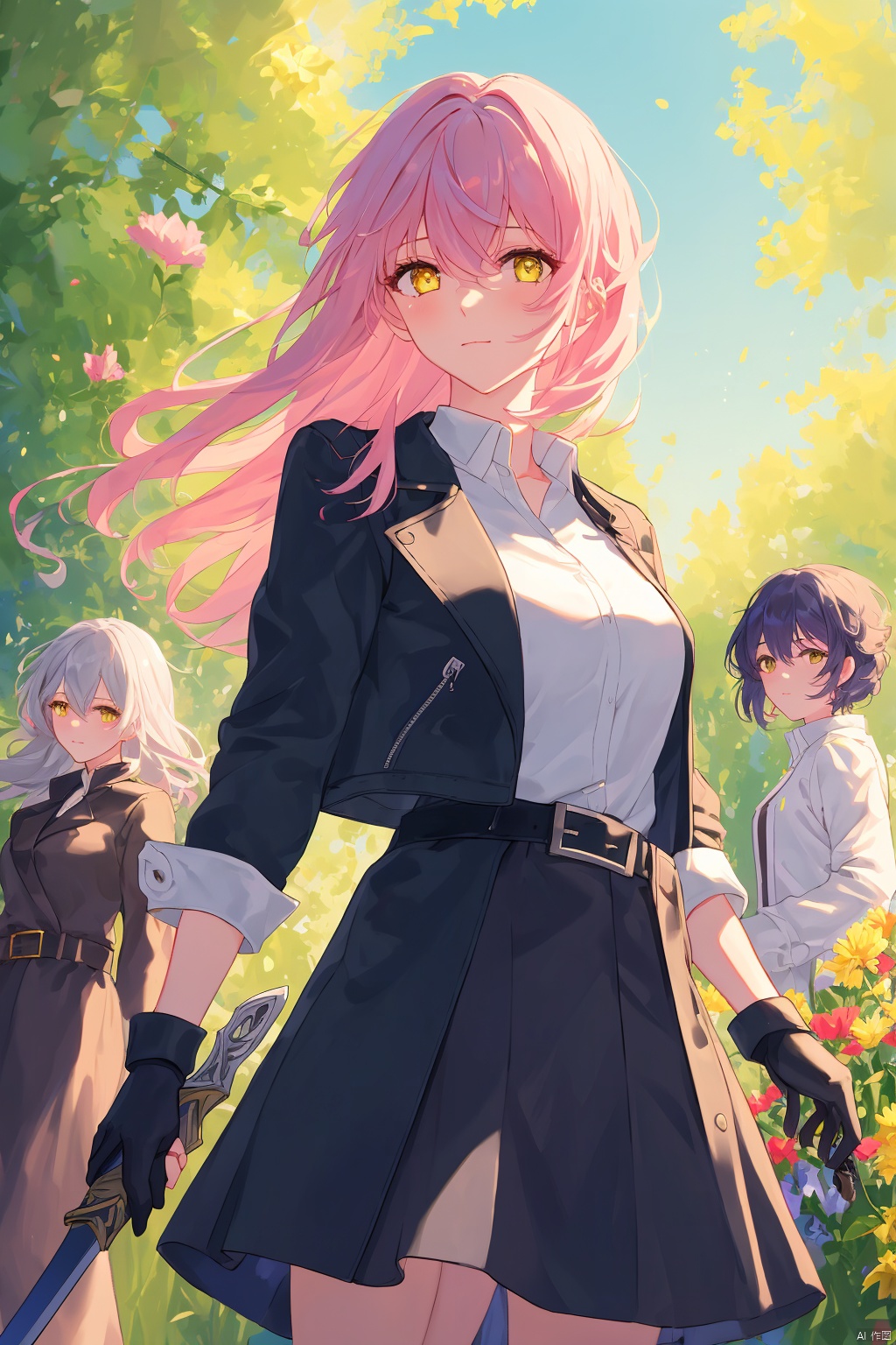 long hair, looking at viewer, bangs, multiple girls, skirt, shirt, gloves, 1boy, holding, 2girls, hair between eyes, closed mouth, jacket, yellow eyes, white shirt, weapon, pink hair, flower, grey hair, outdoors, open clothes, solo focus, black gloves, belt, sword, 3girls, black skirt, black jacket, ?