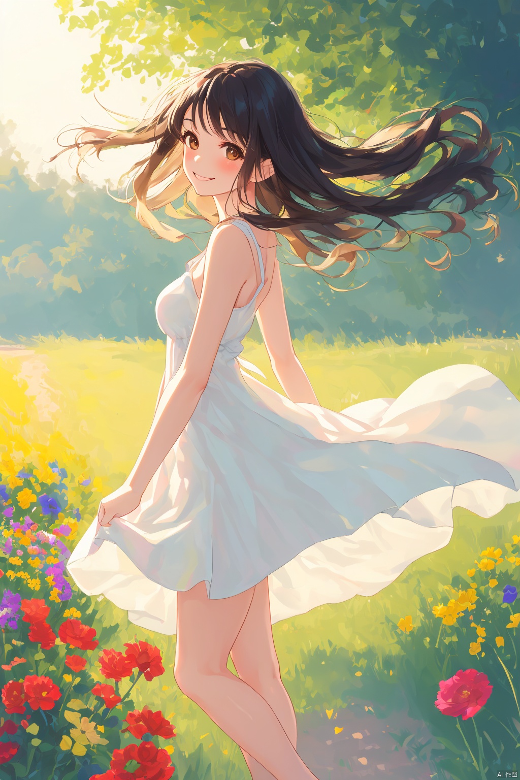 1girl, solo, long hair, breasts, looking at viewer, blush, smile, black hair, dress, bare shoulders, brown eyes, standing, flower, outdoors, sleeveless, white dress, from side, bare arms, sleeveless dress, feet out of frame, wind, sundress