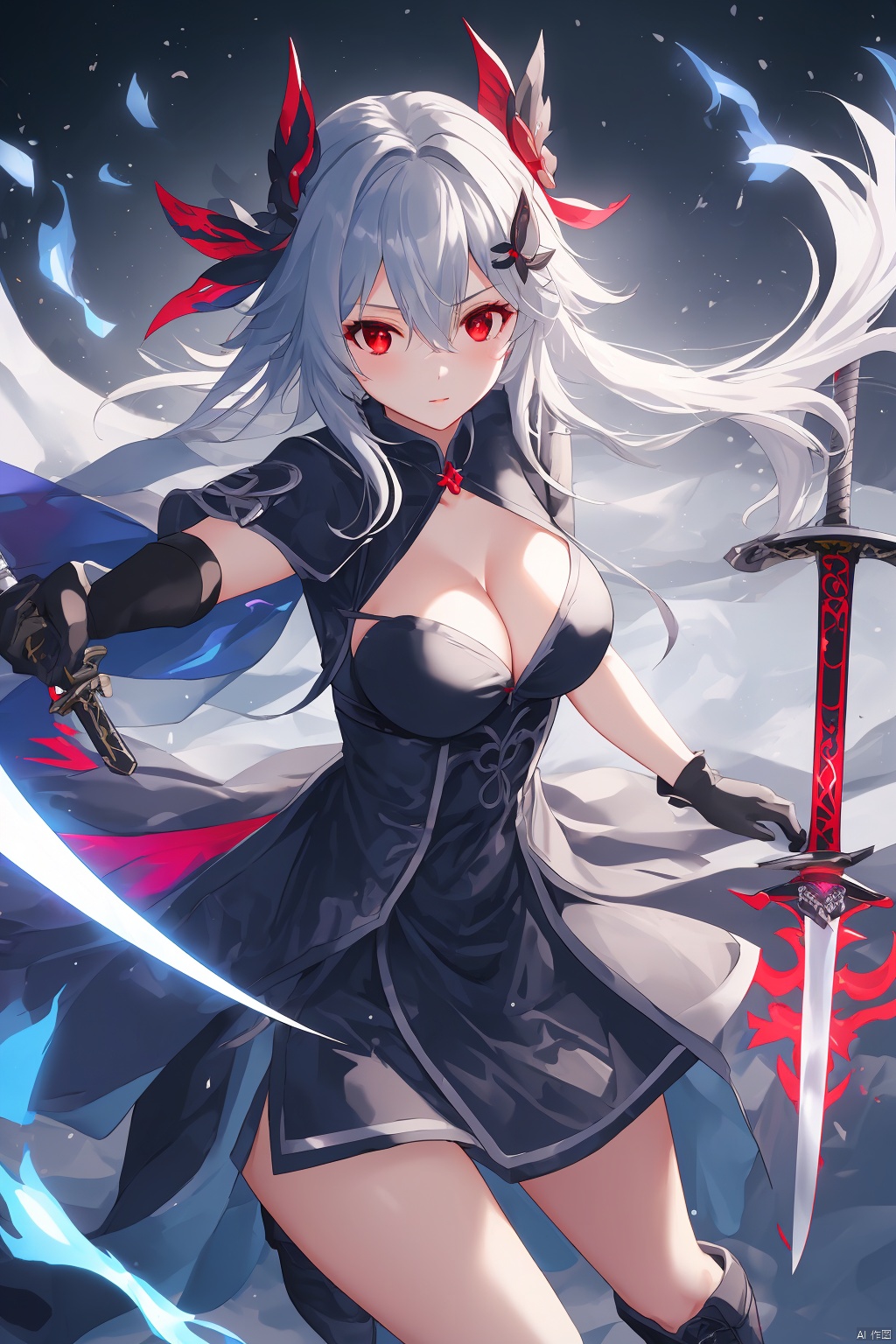 1girl, solo, long hair, breasts, looking at viewer, bangs, hair ornament, red eyes, gloves, dress, holding, cleavage, hair between eyes, weapon, grey hair, boots, black gloves, sword, holding weapon, blue dress, holding sword, bronya zaychik