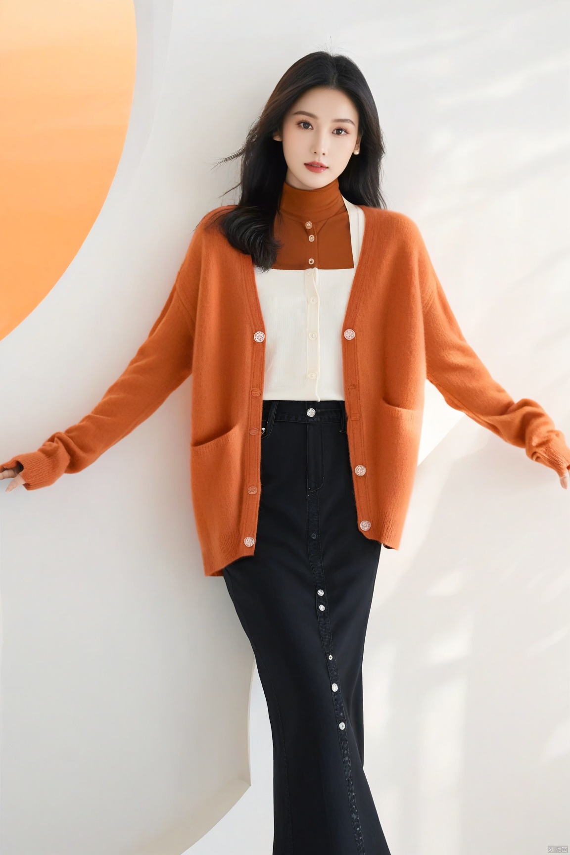  1girl,solo,light black hair,blush,shirt,white shirt,orange cardigan,cardigan,collarbone,cropped legs,long sleeves,sleeves past wrists,cowboy shot,