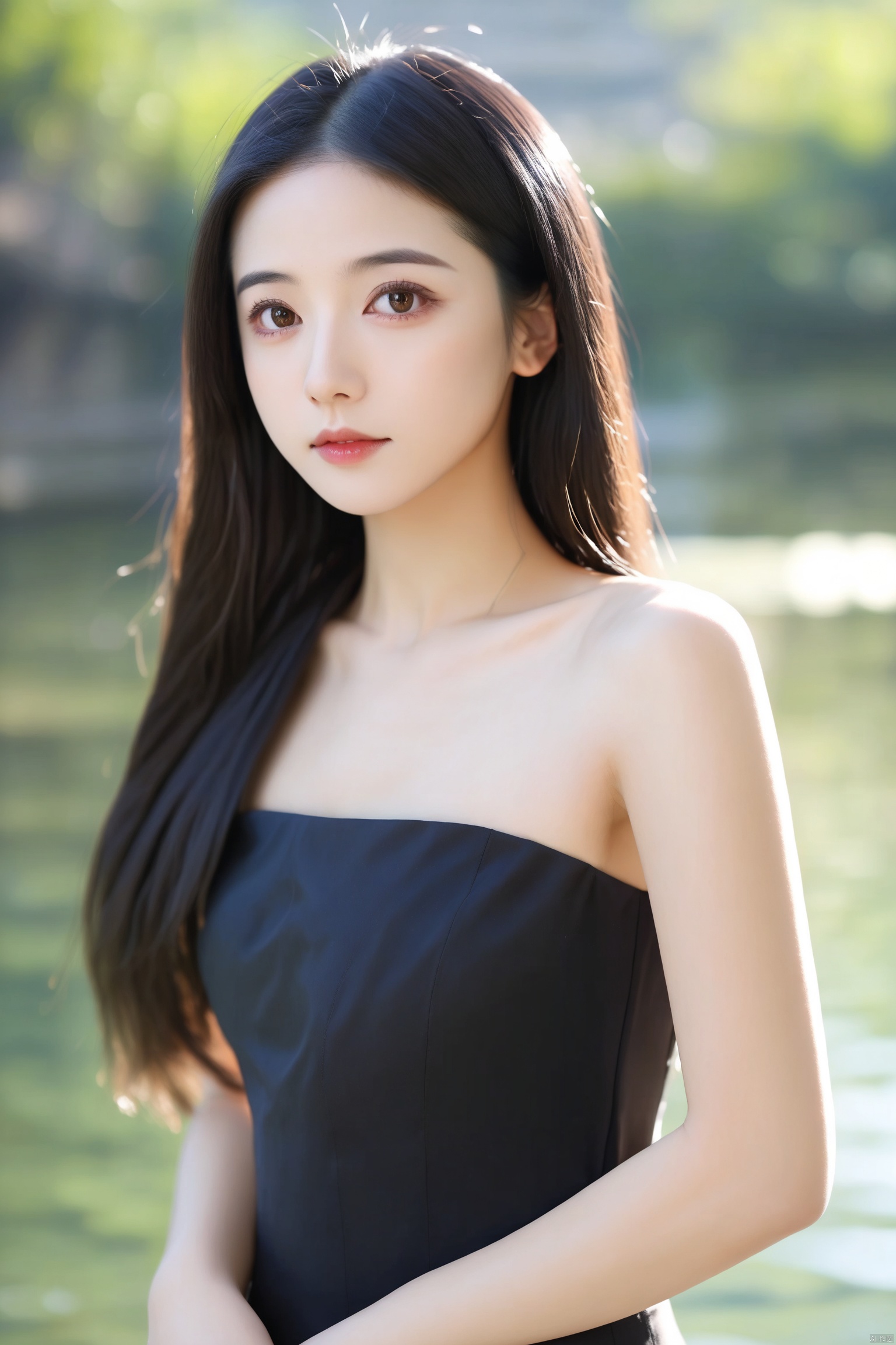 1girl, long hair, solo, black hair, realistic, looking at viewer, blurry, head tilt, lips, upper body, bare shoulders, black eyes, blurry background, brown eyes, water