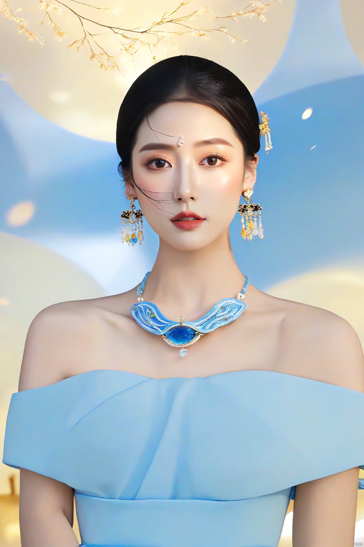  1girl,Bangs, off shoulder, black hair, blue dress, blue eyes, chest, earrings, dress, earrings, floating hair, jewelry, sleeveless, short hair,Looking at the observer, parted lips, pierced,energy,electricity,magic, dofas, yue , hair ornament , hanfu