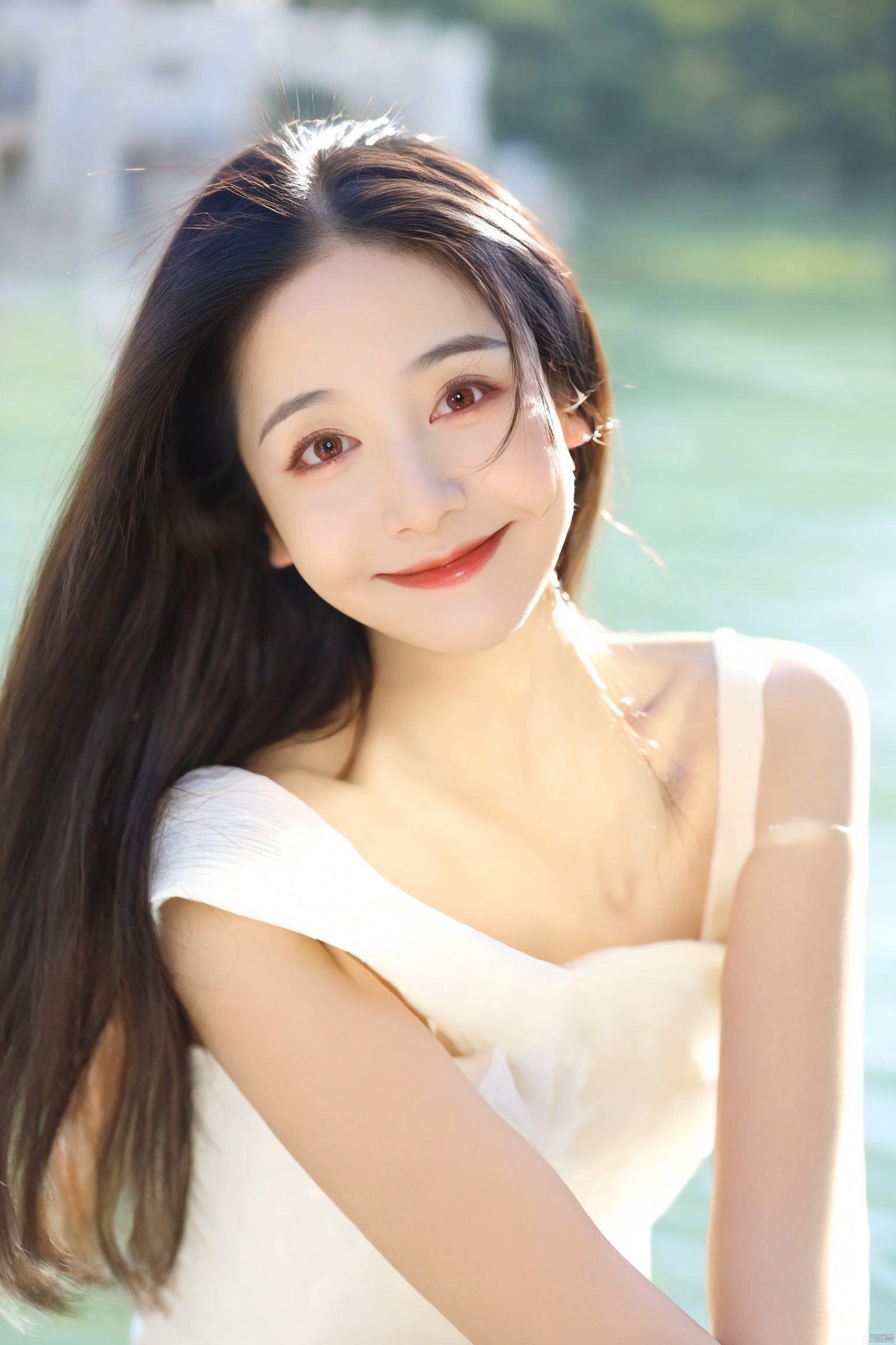 1girl, long hair, solo, black hair, realistic, looking at viewer, blurry, smile, head tilt, lips, upper body, bare shoulders, black eyes, blurry background, brown eyes, water