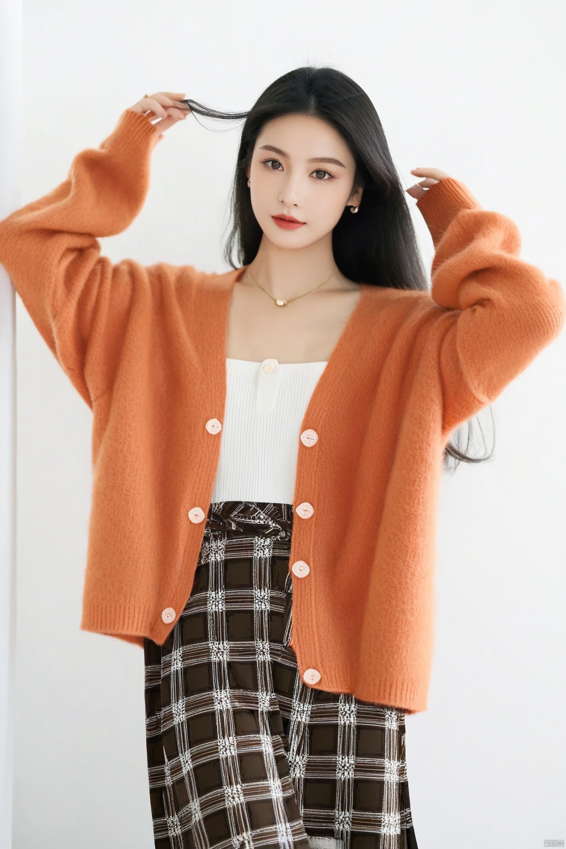  1girl,solo,light black hair,blush,shirt,white shirt,orange cardigan,cardigan,collarbone,cropped legs,long sleeves,sleeves past wrists,cowboy shot,