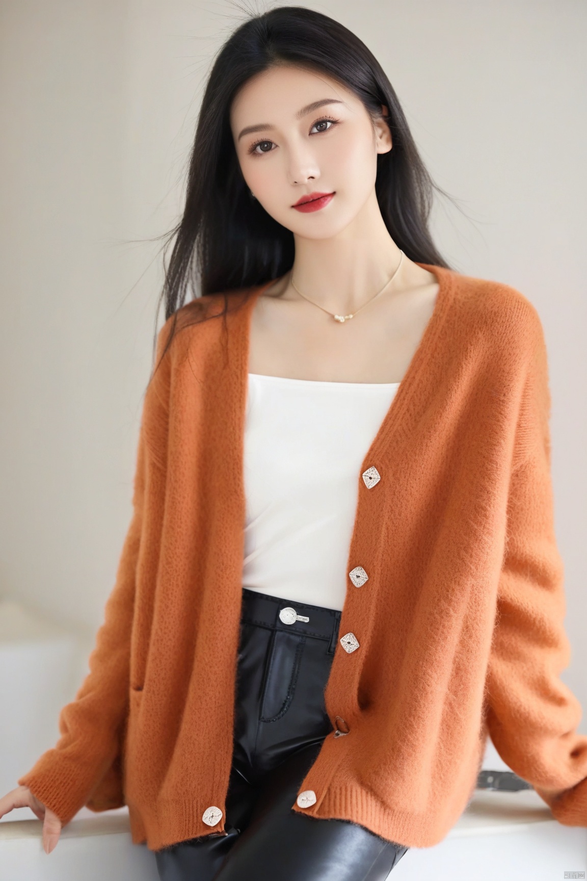  1girl,solo,light black hair,blush,shirt,white shirt,orange cardigan,cardigan,collarbone,cropped legs,long sleeves,sleeves past wrists,cowboy shot,