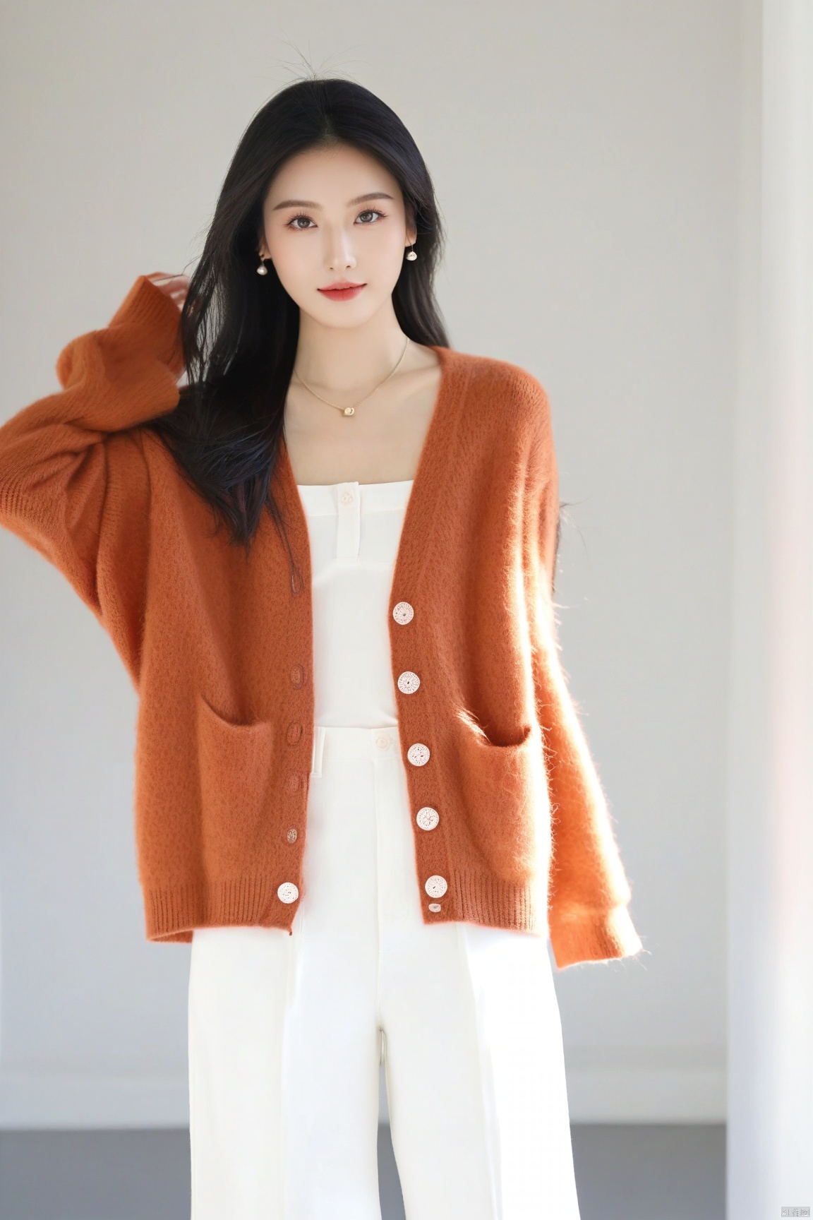  1girl,solo,light black hair,blush,shirt,white shirt,orange cardigan,cardigan,collarbone,cropped legs,long sleeves,sleeves past wrists,cowboy shot,