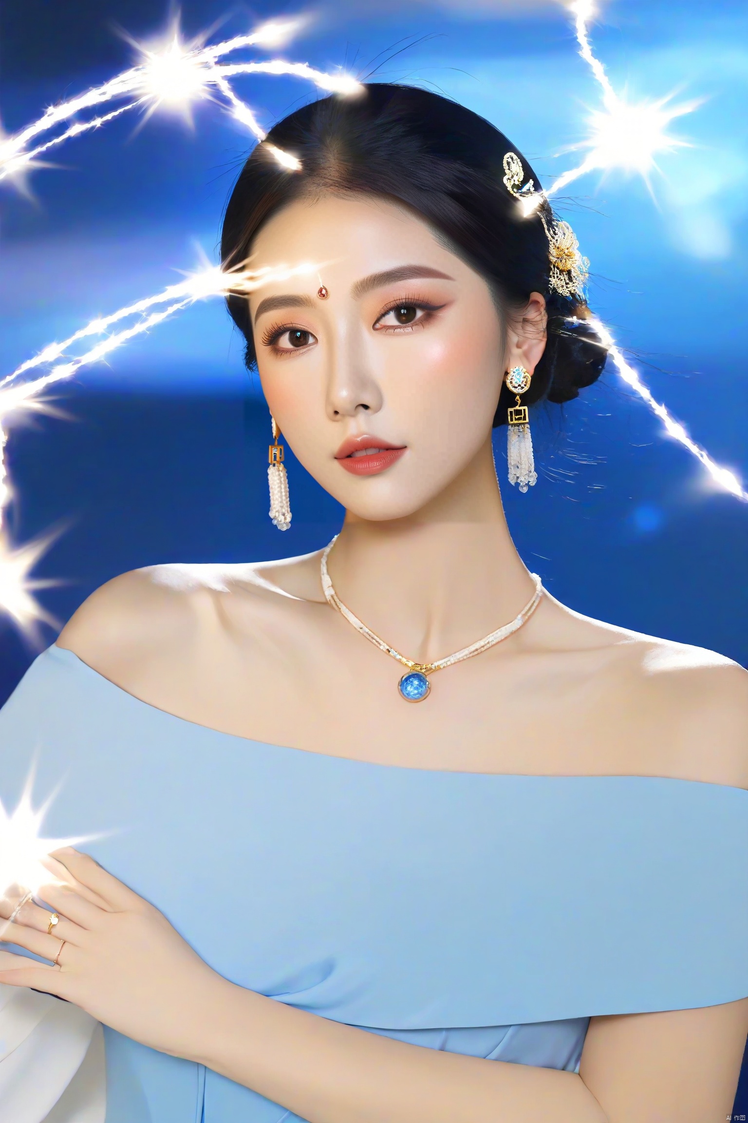  1girl,Bangs, off shoulder, black hair, blue dress, blue eyes, chest, earrings, dress, earrings, floating hair, jewelry, sleeveless, short hair,Looking at the observer, parted lips, pierced,energy,electricity,magic, dofas, yue , hair ornament , hanfu