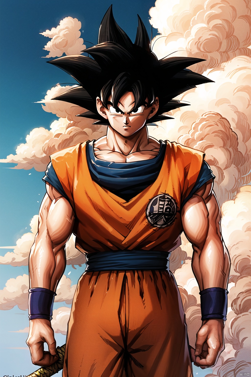 (solo, looking at viewer, black hair, 1boy, closed mouth, weapon, male focus, outdoors, sky, day, sword, cloud, twitter username, black eyes, blue sky, muscular, cloudy sky, spiked hair, wristband, clenched hand, clenched hands, serious, dougi, son goku, son gohan:1.1)
High resolution, Master Painting, CG, Wallpaper, Super Detail, Intricate Detail, Masterpiece, 8k, Contrast, Smooth, bright picture, Soft picture, Rembrandt Lighting, Amazing, Manga style, Manga, Anime, Game CG, ((poakl)),wukong
