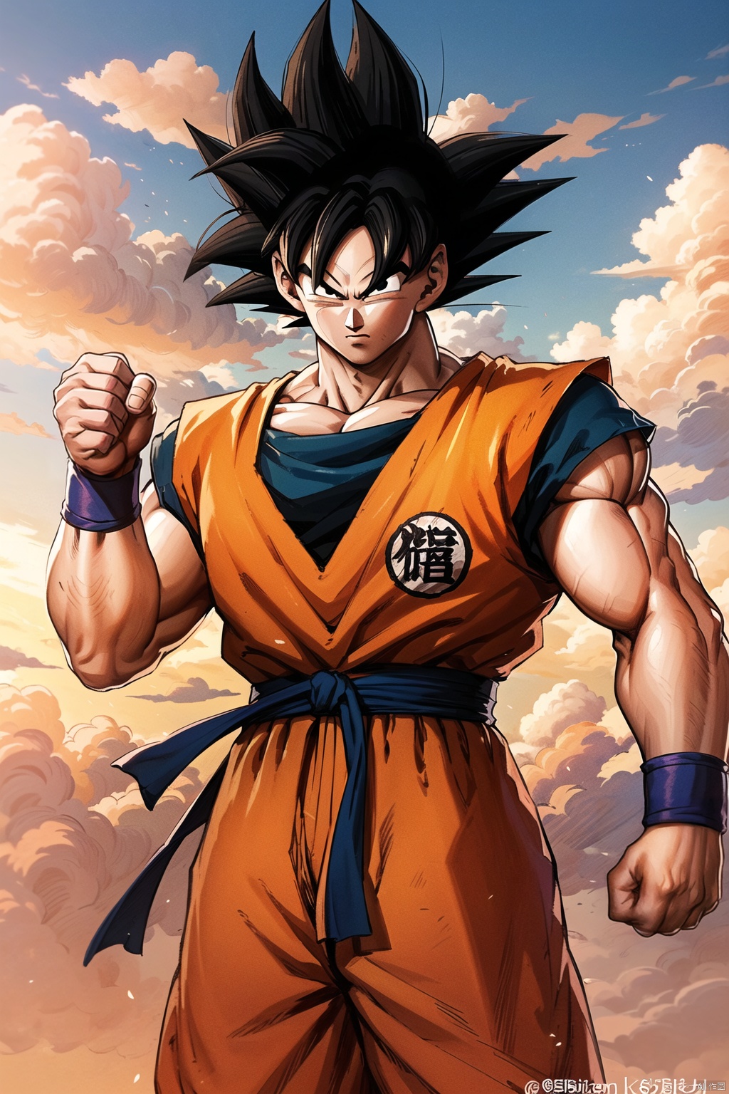 (solo, looking at viewer, black hair, 1boy, closed mouth, weapon, male focus, outdoors, sky, day, sword, cloud, twitter username, black eyes, blue sky, muscular, cloudy sky, spiked hair, wristband, clenched hand, clenched hands, serious, dougi, son goku, son gohan:1.1)
High resolution, Master Painting, CG, Wallpaper, Super Detail, Intricate Detail, Masterpiece, 8k, Contrast, Smooth, bright picture, Soft picture, Rembrandt Lighting, Amazing, Manga style, Manga, Anime, Game CG, ((poakl)),wukong