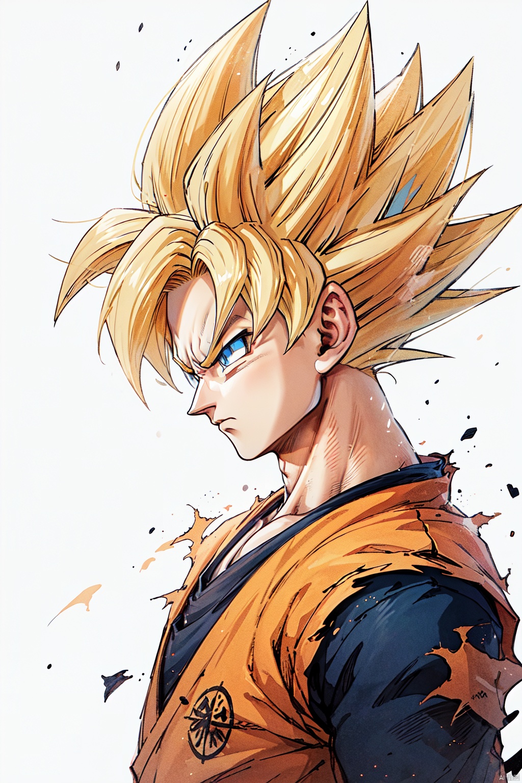(solo, blue eyes, blonde hair, simple background, shirt, 1boy, white background, closed mouth, upper body, male focus, from side, torn clothes, profile, frown, spiked hair, serious, dougi, super saiyan, super saiyan 1, son goku:1.1)
High resolution, Master Painting, CG, Wallpaper, Super Detail, Intricate Detail, Masterpiece, 8k, Contrast, Smooth, bright picture, Soft picture, Rembrandt Lighting, Amazing, Manga style, Manga, Anime, Game CG, ((poakl)),wukong