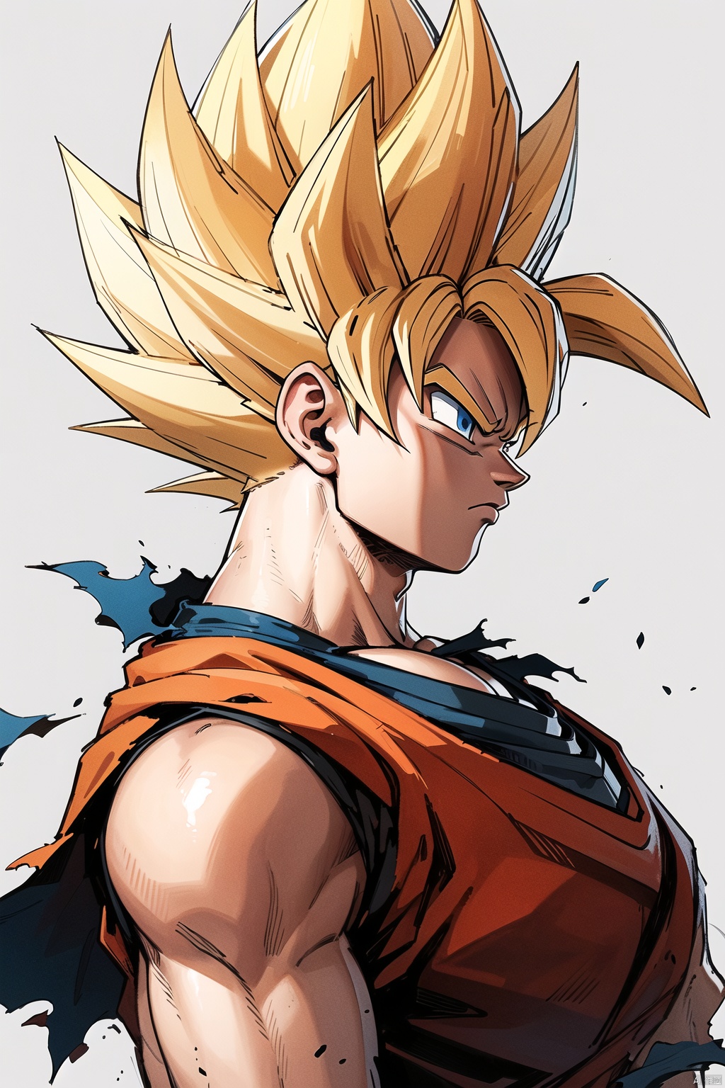 (solo, blue eyes, blonde hair, simple background, shirt, 1boy, white background, closed mouth, upper body, male focus, from side, torn clothes, profile, frown, spiked hair, serious, dougi, super saiyan, super saiyan 1, son goku:1.1)
High resolution, Master Painting, CG, Wallpaper, Super Detail, Intricate Detail, Masterpiece, 8k, Contrast, Smooth, bright picture, Soft picture, Rembrandt Lighting, Amazing, Manga style, Manga, Anime, Game CG, ((poakl)),wukong
