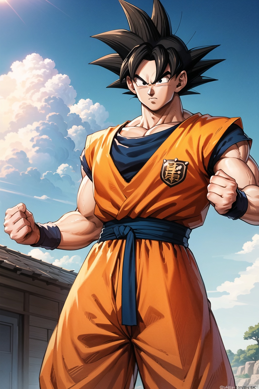 (solo, looking at viewer, black hair, 1boy, closed mouth, weapon, male focus, outdoors, sky, day, sword, cloud, twitter username, black eyes, blue sky, muscular, cloudy sky, spiked hair, wristband, clenched hand, clenched hands, serious, dougi, son goku, son gohan:1.1)
High resolution, Master Painting, CG, Wallpaper, Super Detail, Intricate Detail, Masterpiece, 8k, Contrast, Smooth, bright picture, Soft picture, Rembrandt Lighting, Amazing, Manga style, Manga, Anime, Game CG, ((poakl)),wukong