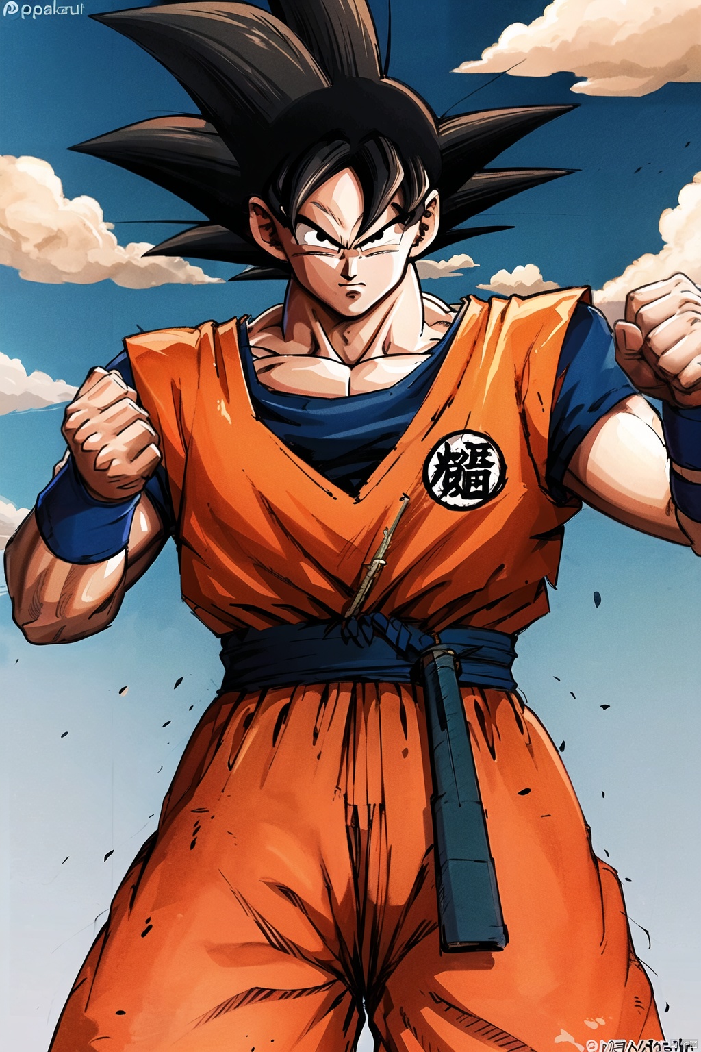 (solo, looking at viewer, black hair, 1boy, closed mouth, weapon, male focus, outdoors, sky, day, sword, cloud, twitter username, black eyes, blue sky, muscular, cloudy sky, spiked hair, wristband, clenched hand, clenched hands, serious, dougi, son goku, son gohan:1.1)
High resolution, Master Painting, CG, Wallpaper, Super Detail, Intricate Detail, Masterpiece, 8k, Contrast, Smooth, bright picture, Soft picture, Rembrandt Lighting, Amazing, Manga style, Manga, Anime, Game CG, ((poakl)),wukong