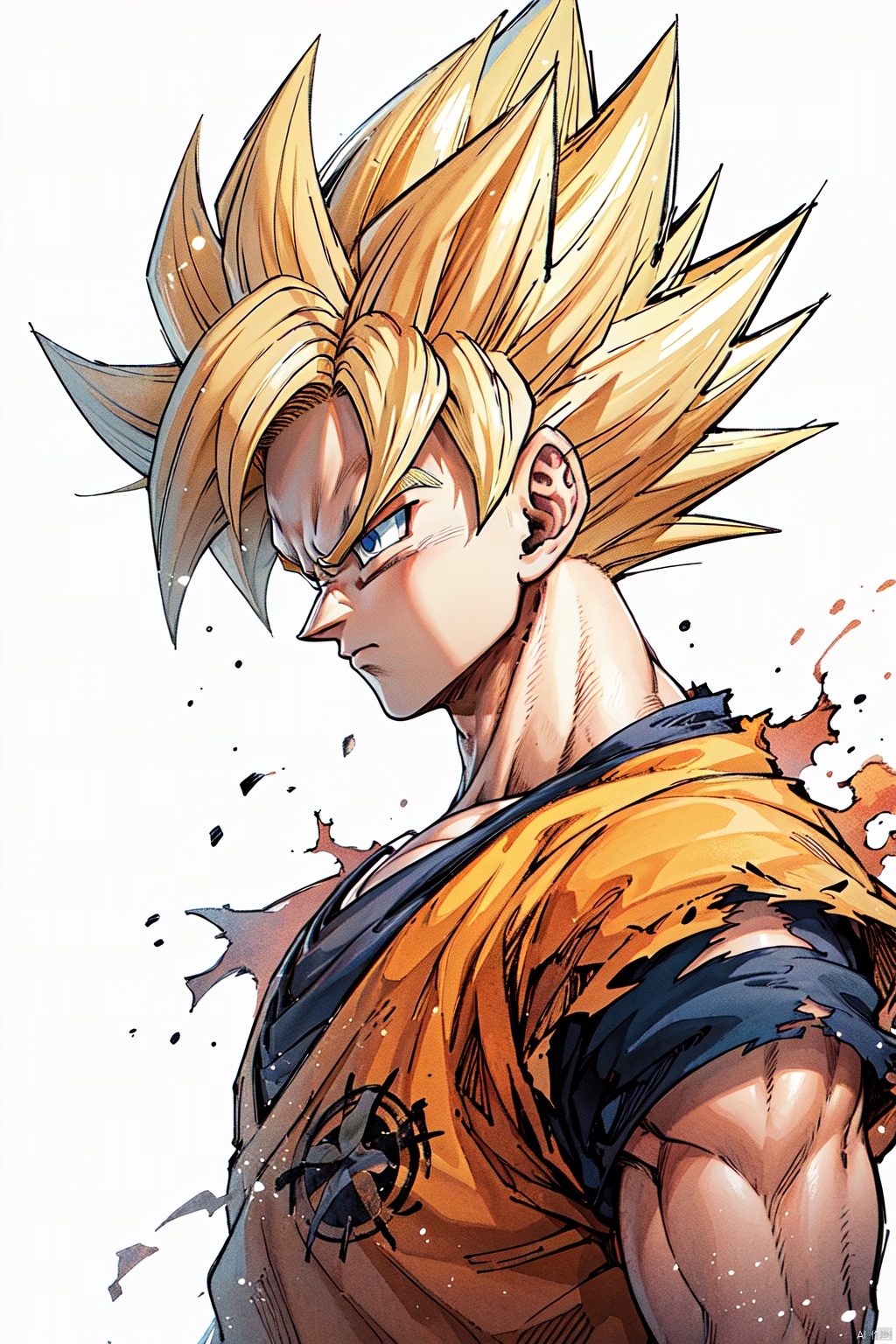 (solo, blue eyes, blonde hair, simple background, shirt, 1boy, white background, closed mouth, upper body, male focus, from side, torn clothes, profile, frown, spiked hair, serious, dougi, super saiyan, super saiyan 1, son goku:1.1)
High resolution, Master Painting, CG, Wallpaper, Super Detail, Intricate Detail, Masterpiece, 8k, Contrast, Smooth, bright picture, Soft picture, Rembrandt Lighting, Amazing, Manga style, Manga, Anime, Game CG, ((poakl)),wukong
