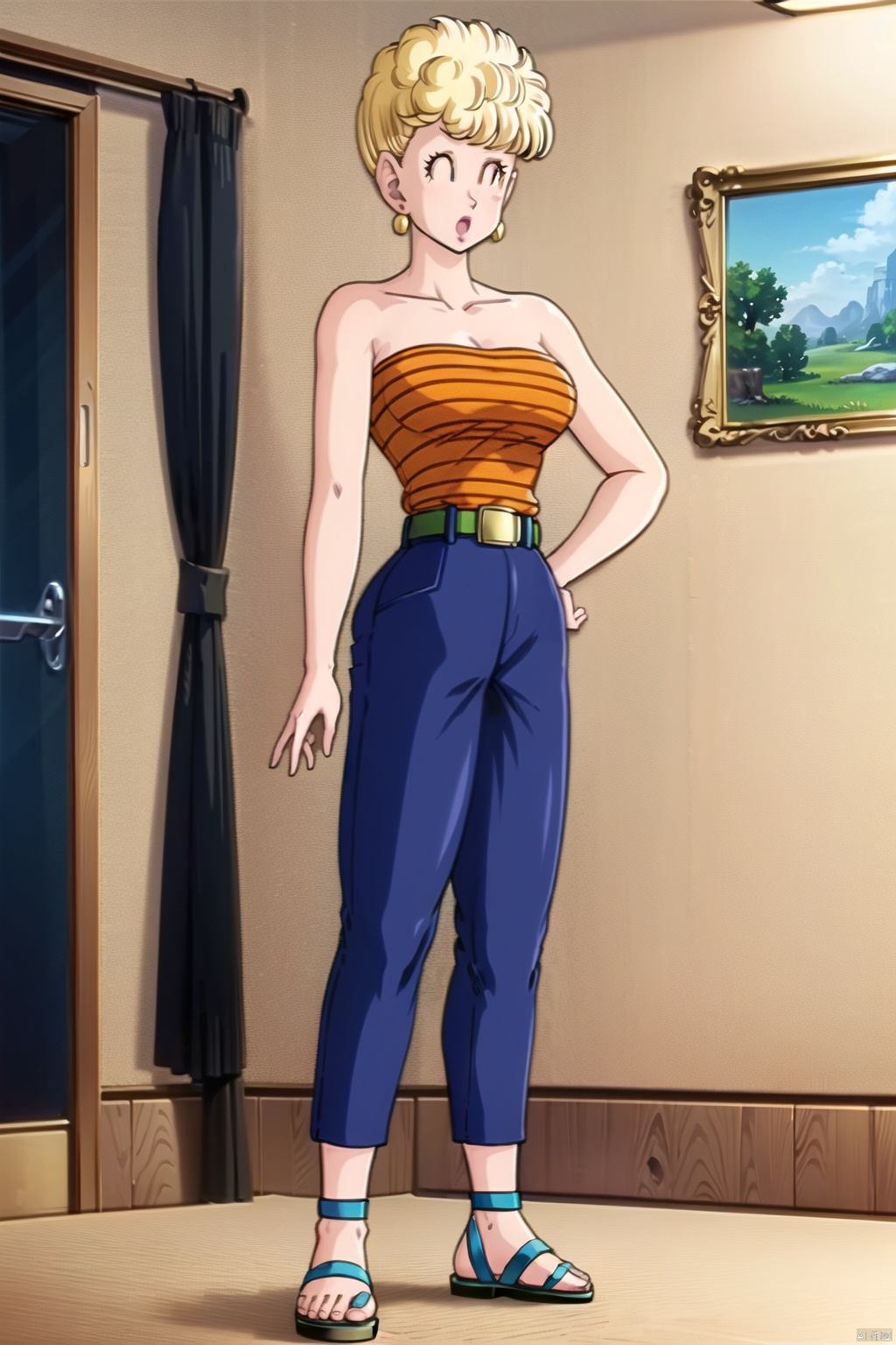 (1girl, solo, short hair, blonde hair, shirt, bare shoulders, jewelry, standing, collarbone, full body, closed eyes, earrings, belt, pants, strapless, sandals, blue pants, shirt tucked in:1.1)
High resolution, Master Painting, CG, Wallpaper, Super Detail, Intricate Detail, Masterpiece, 8k, Contrast, Smooth, bright picture, Soft picture, Rembrandt Lighting, Amazing, Manga style, Manga, Anime, Game CG, ((poakl)),taitai