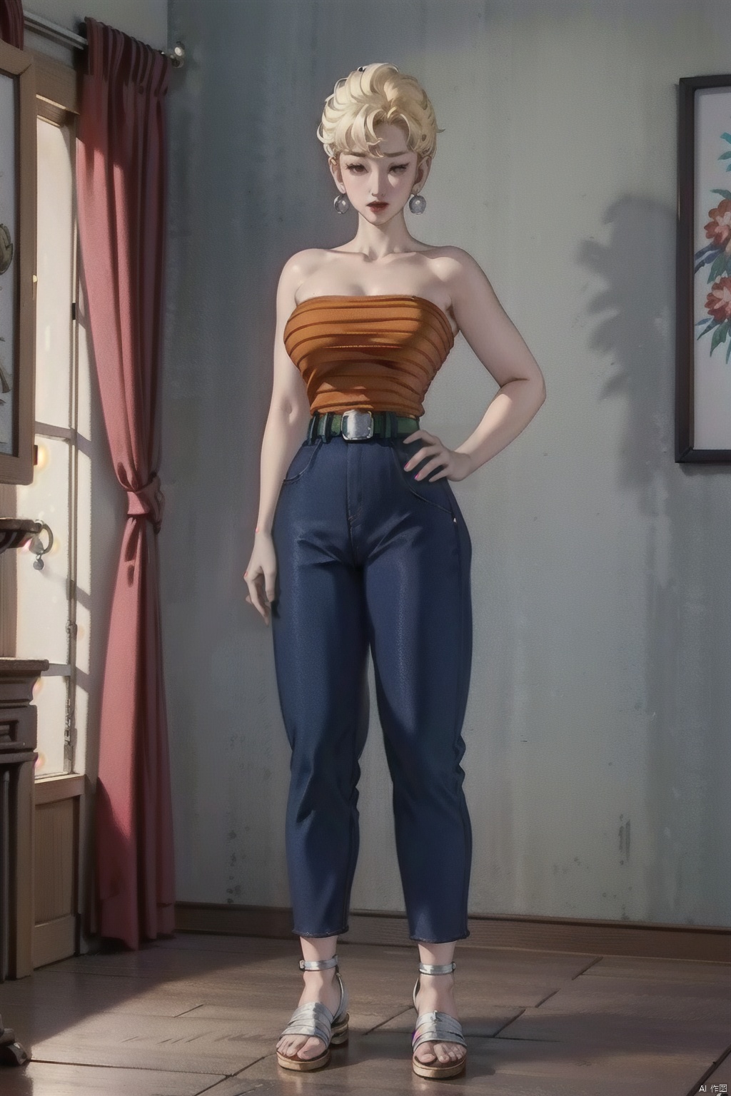 (1girl, solo, short hair, blonde hair, shirt, bare shoulders, jewelry, standing, collarbone, full body, closed eyes, earrings, belt, pants, strapless, sandals, blue pants, shirt tucked in:1.1)
High resolution, Master Painting, CG, Wallpaper, Super Detail, Intricate Detail, Masterpiece, 8k, Contrast, Smooth, bright picture, Soft picture, Rembrandt Lighting, Amazing, Manga style, Manga, Anime, Game CG, ((poakl)),taitai