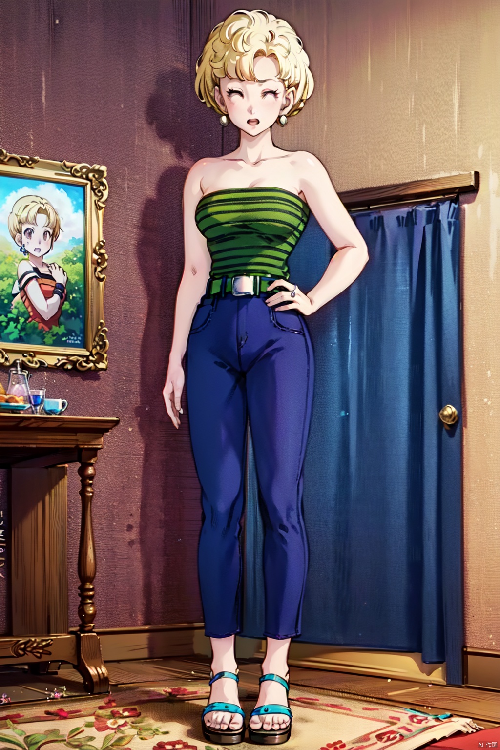 (1girl, solo, short hair, blonde hair, shirt, bare shoulders, jewelry, standing, collarbone, full body, closed eyes, earrings, belt, pants, strapless, sandals, blue pants, shirt tucked in:1.1)
High resolution, Master Painting, CG, Wallpaper, Super Detail, Intricate Detail, Masterpiece, 8k, Contrast, Smooth, bright picture, Soft picture, Rembrandt Lighting, Amazing, Manga style, Manga, Anime, Game CG, ((poakl)),taitai