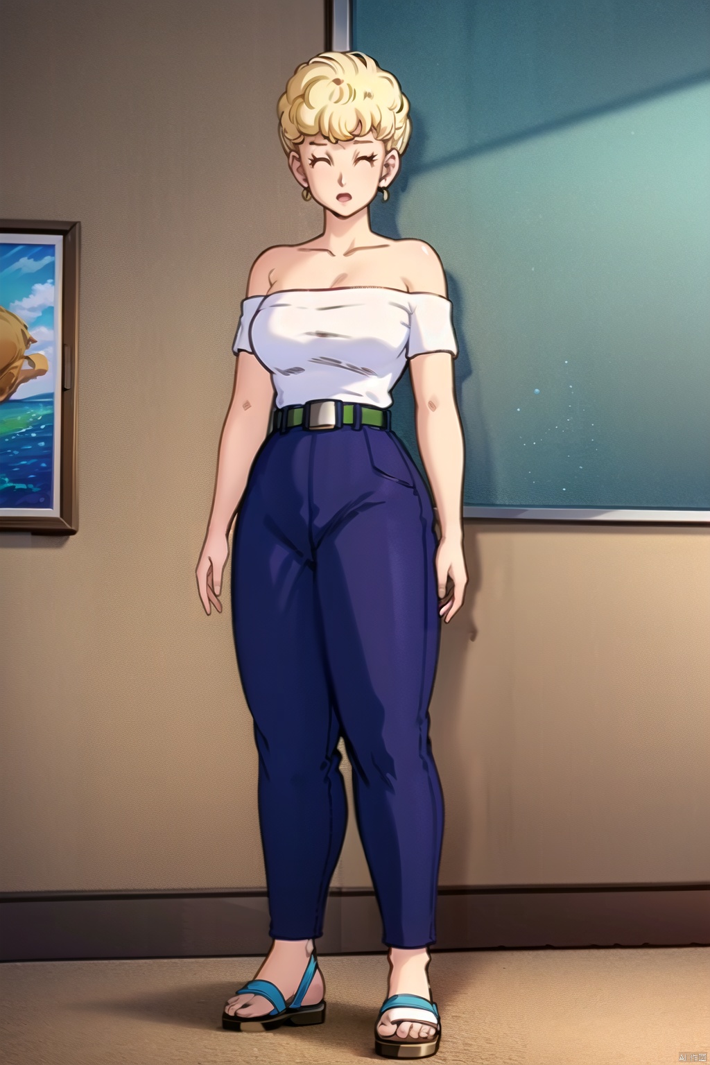 (1girl, solo, short hair, blonde hair, shirt, bare shoulders, jewelry, standing, collarbone, full body, closed eyes, earrings, belt, pants, strapless, sandals, blue pants, shirt tucked in:1.1)
High resolution, Master Painting, CG, Wallpaper, Super Detail, Intricate Detail, Masterpiece, 8k, Contrast, Smooth, bright picture, Soft picture, Rembrandt Lighting, Amazing, Manga style, Manga, Anime, Game CG, ((poakl)),taitai