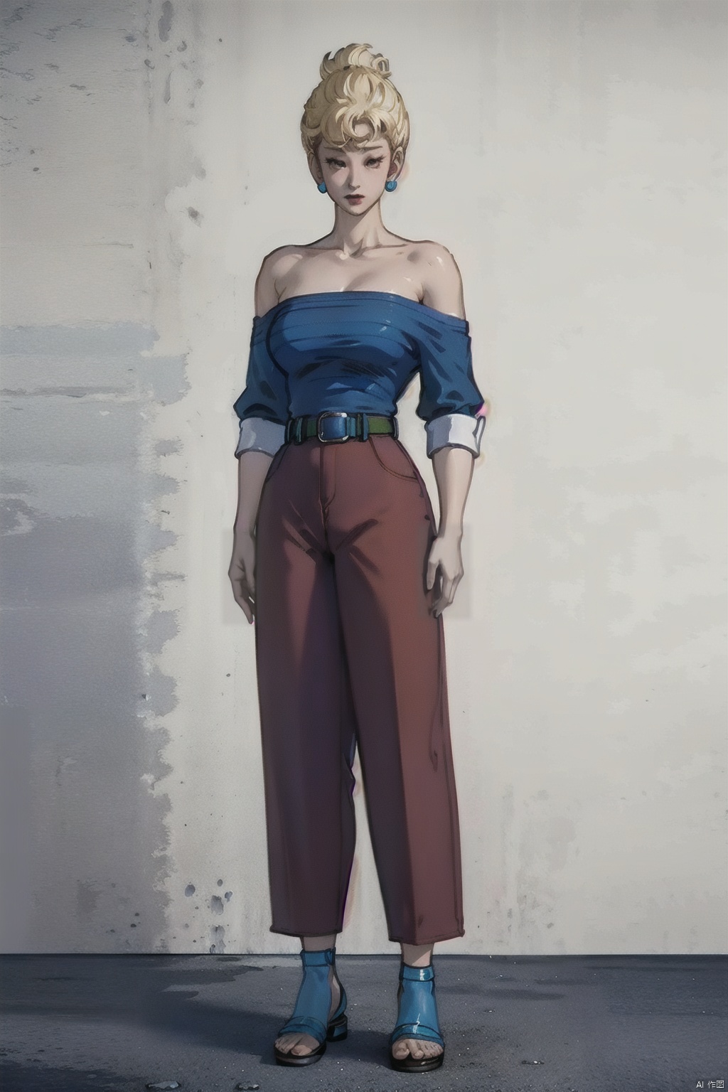 (1girl, solo, short hair, blonde hair, shirt, bare shoulders, jewelry, standing, collarbone, full body, closed eyes, earrings, belt, pants, strapless, sandals, blue pants, shirt tucked in:1.1)
High resolution, Master Painting, CG, Wallpaper, Super Detail, Intricate Detail, Masterpiece, 8k, Contrast, Smooth, bright picture, Soft picture, Rembrandt Lighting, Amazing, Manga style, Manga, Anime, Game CG, ((poakl)),taitai