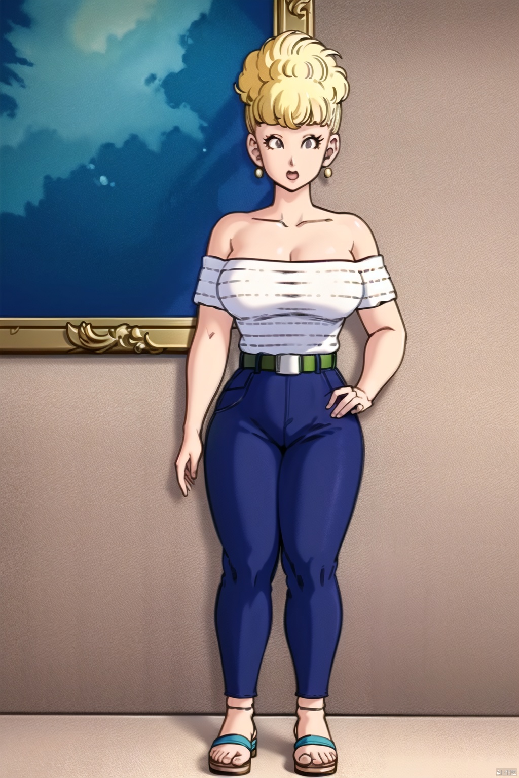 (1girl, solo, short hair, blonde hair, shirt, bare shoulders, jewelry, standing, collarbone, full body, closed eyes, earrings, belt, pants, strapless, sandals, blue pants, shirt tucked in:1.1)
High resolution, Master Painting, CG, Wallpaper, Super Detail, Intricate Detail, Masterpiece, 8k, Contrast, Smooth, bright picture, Soft picture, Rembrandt Lighting, Amazing, Manga style, Manga, Anime, Game CG, ((poakl)),taitai